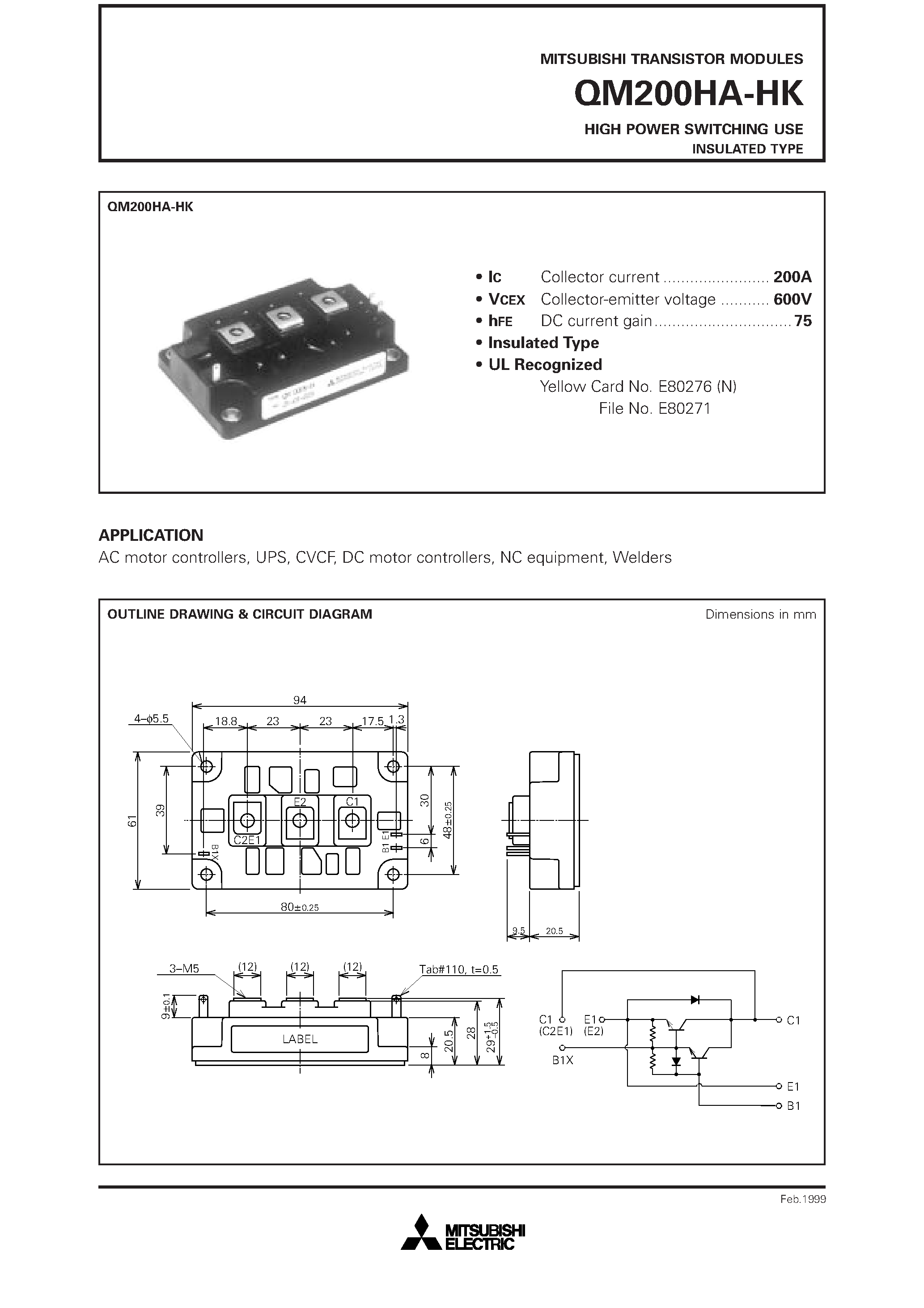 Datasheet QM200HA-HK page 1 Datasheet QM200HA-HK - HIGH POWER SWITCHING USE INSULATED TYPE page 1