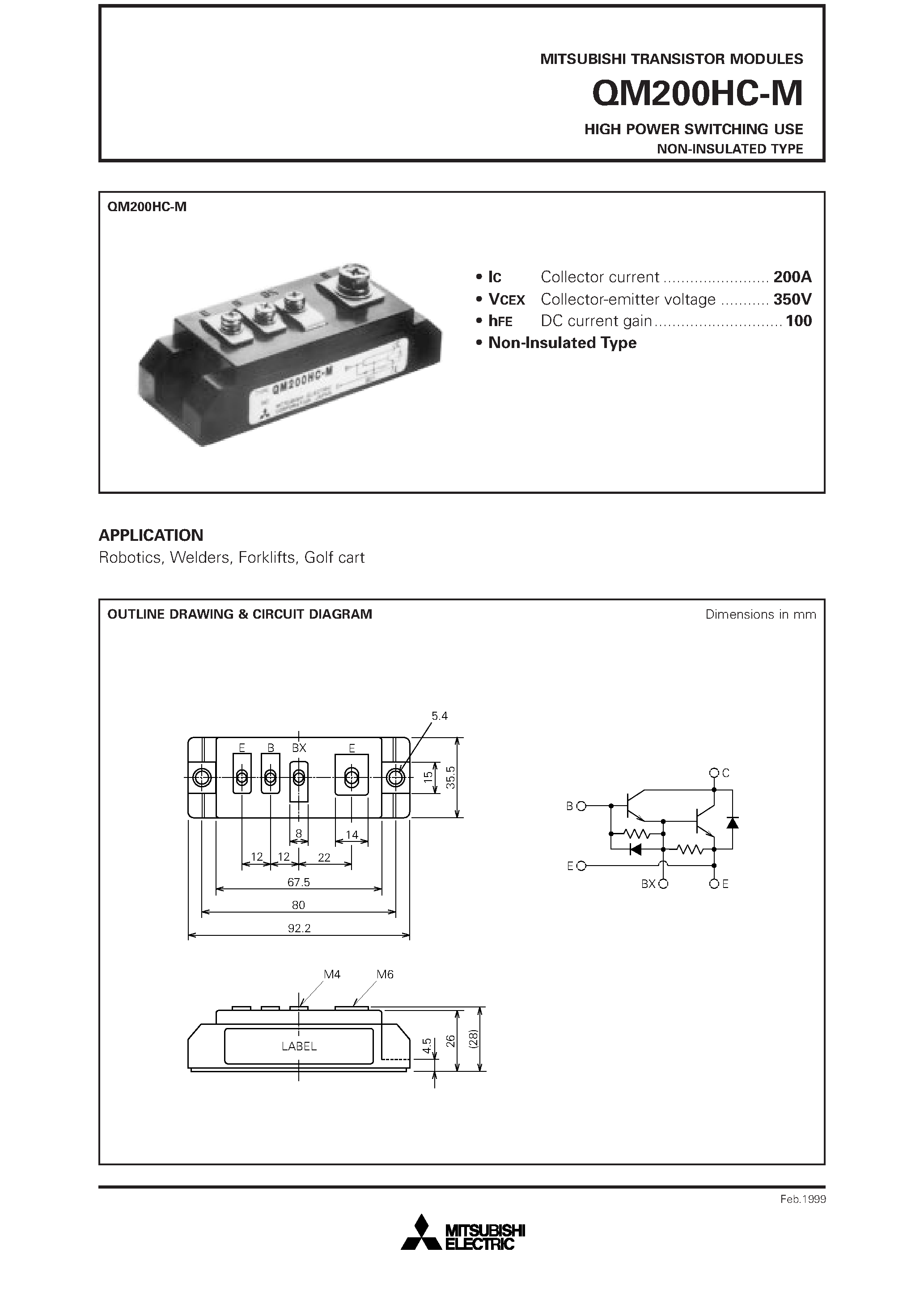 Даташит QM200HC-M - HIGH POWER SWITCHING USE NON-INSULATED TYPE страница 1