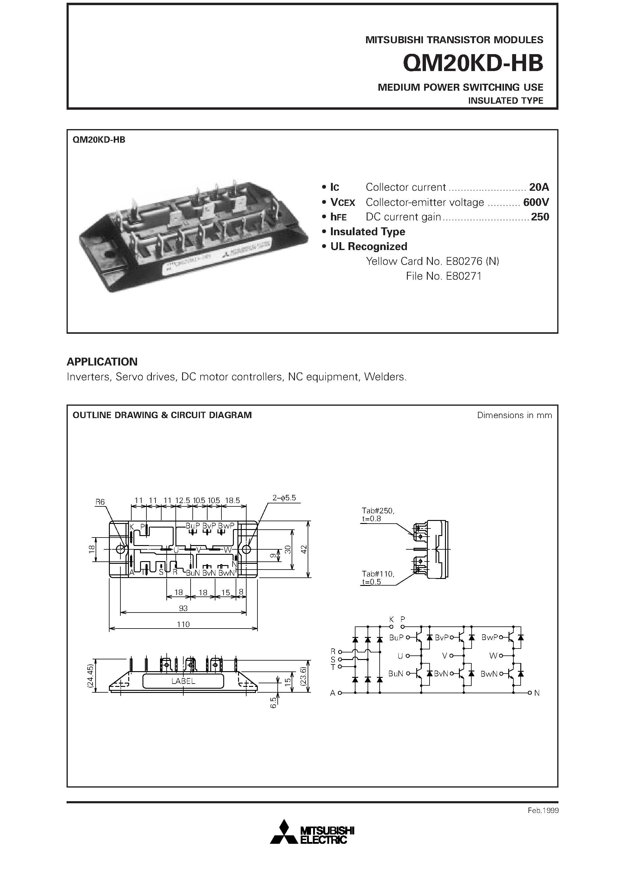 Datasheet QM20KD-HB - MEDIUM POWER SWITCHING USE INSULATED TYPE page 1