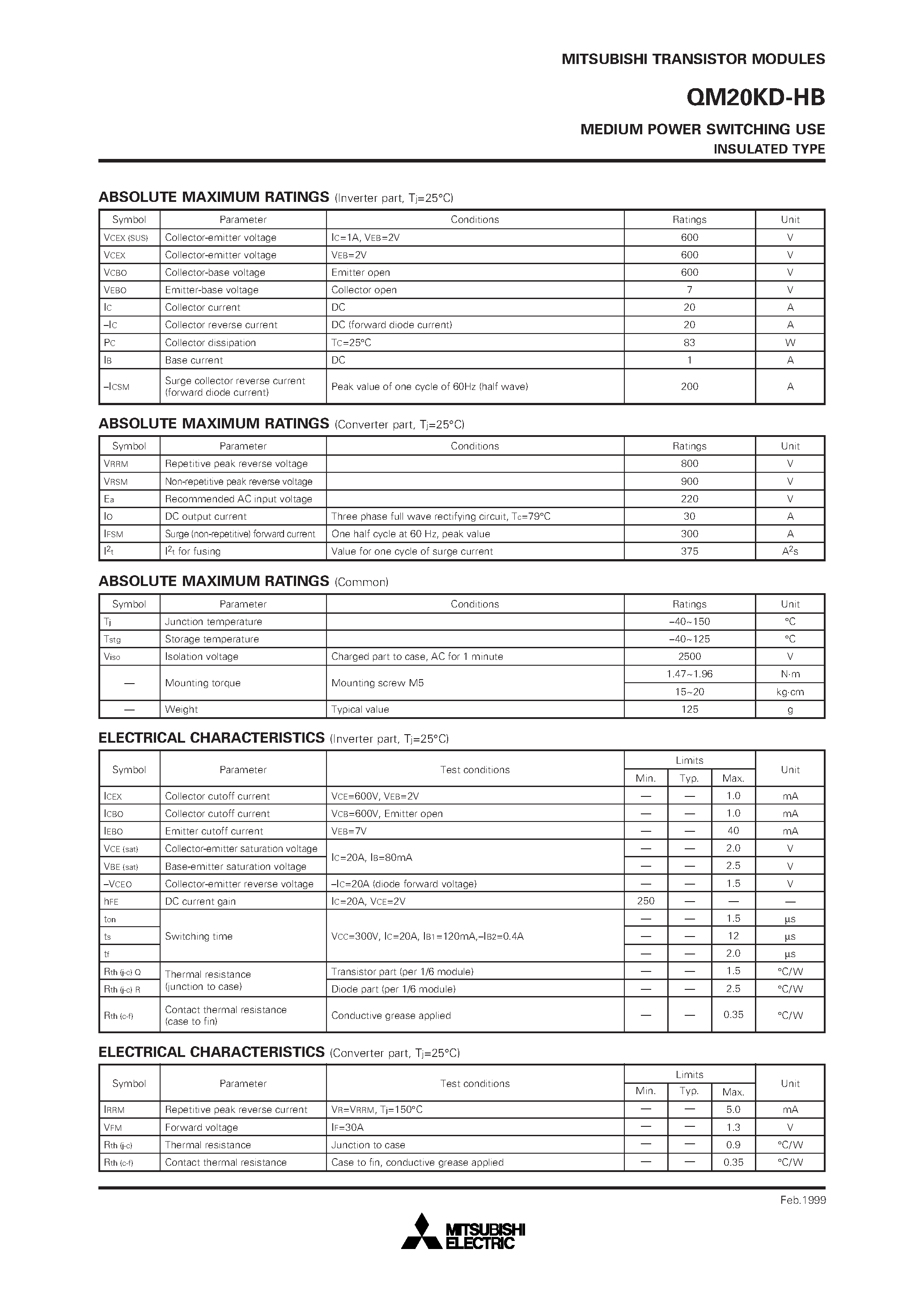Datasheet QM20KD-HB - MEDIUM POWER SWITCHING USE INSULATED TYPE page 2
