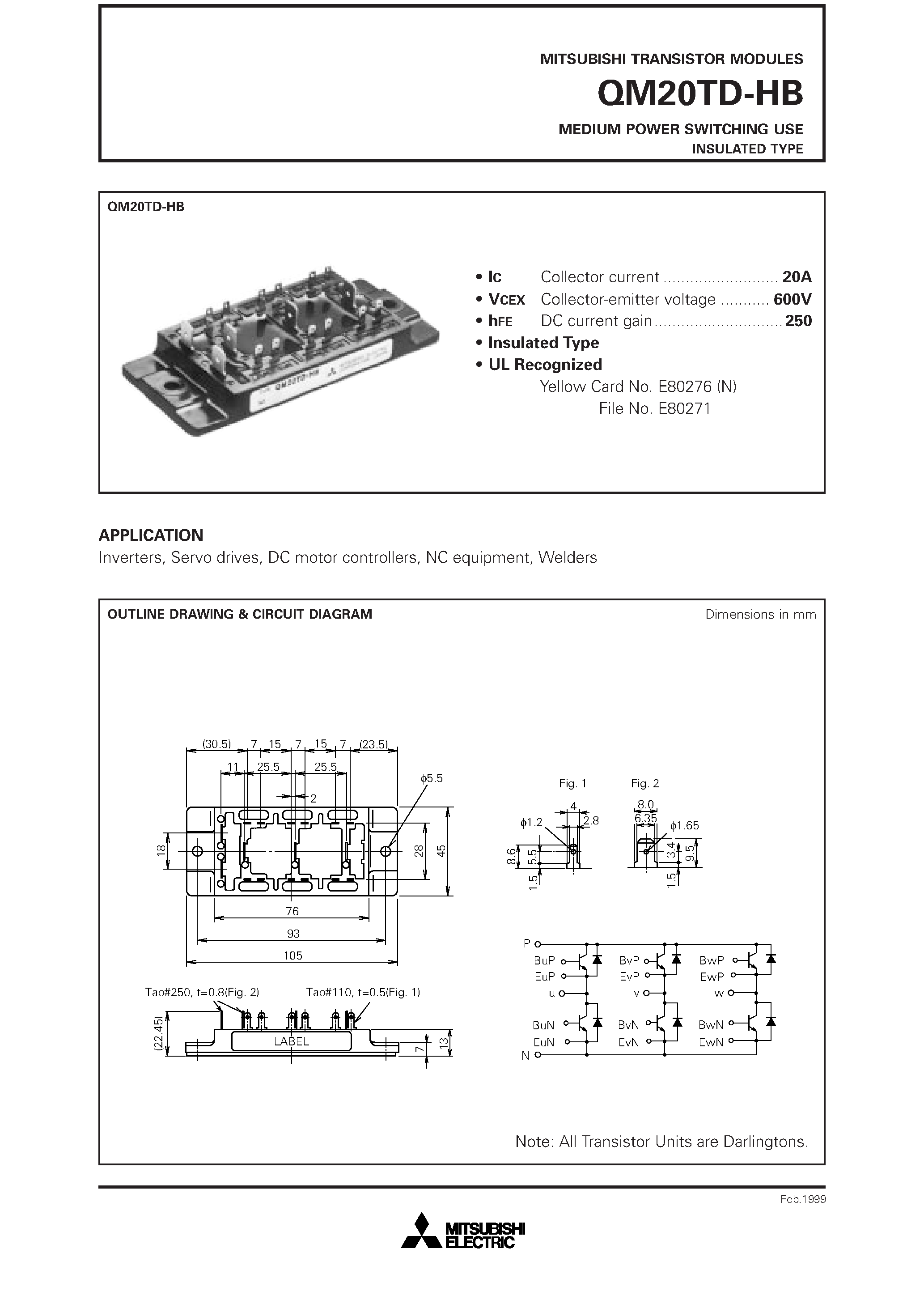 Datasheet QM20TD-HB - MEDIUM POWER SWITCHING USE INSULATED TYPE page 1