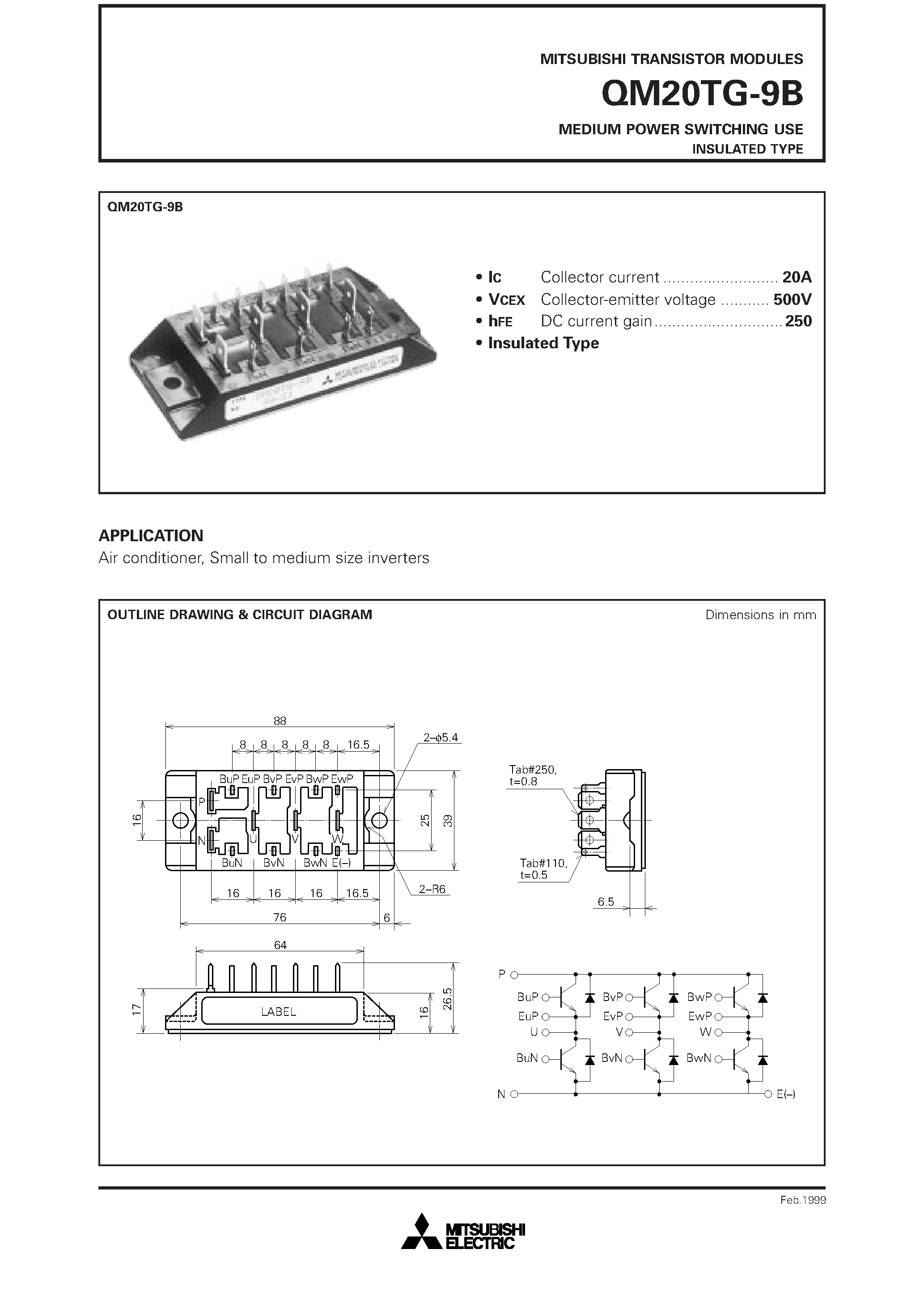 Datasheet QM20TG-9B - MEDIUM POWER SWITCHING USE INSULATED TYPE page 1