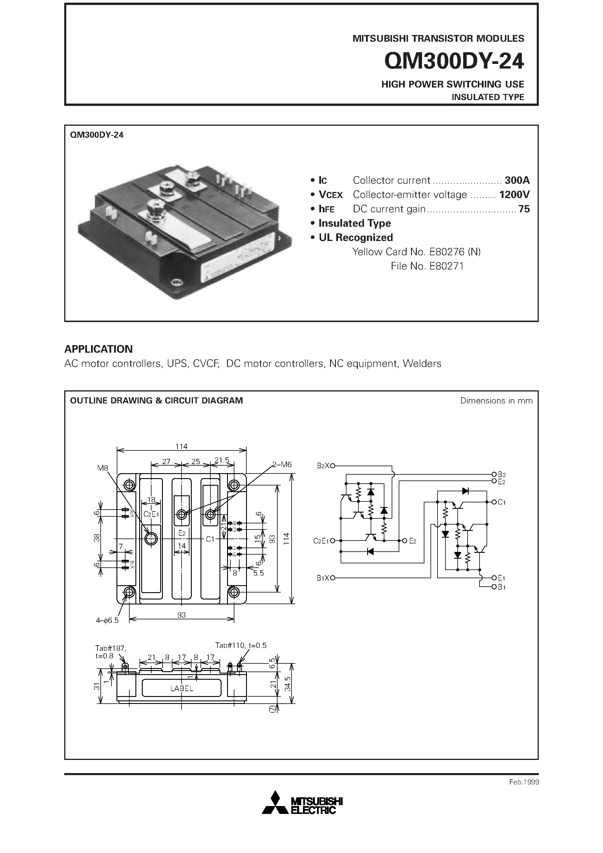 Datasheet QM300DY-24 page 1 Datasheet QM300DY-24 - HIGH POWER SWITCHING USE INSULATED TYPE page 1
