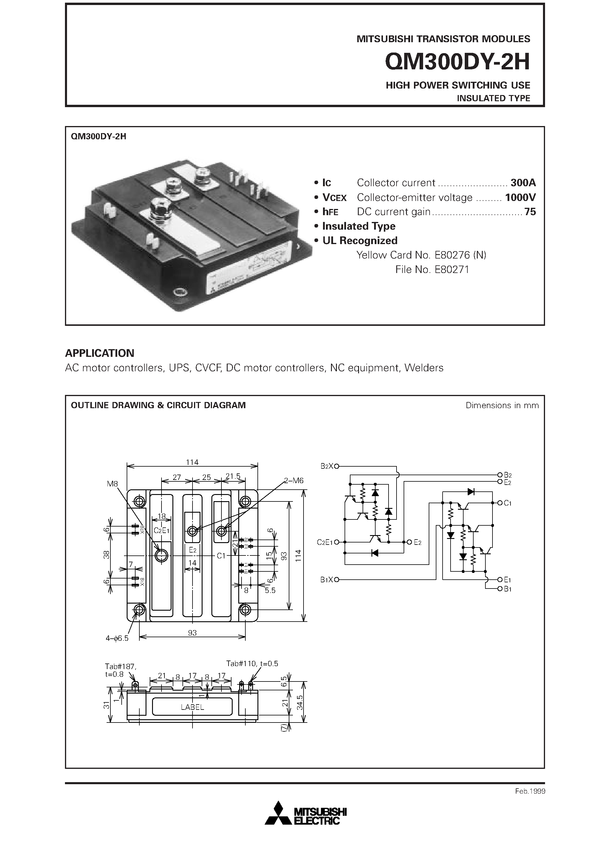 Datasheet QM300DY-2H - HIGH POWER SWITCHING USE INSULATED TYPE page 1