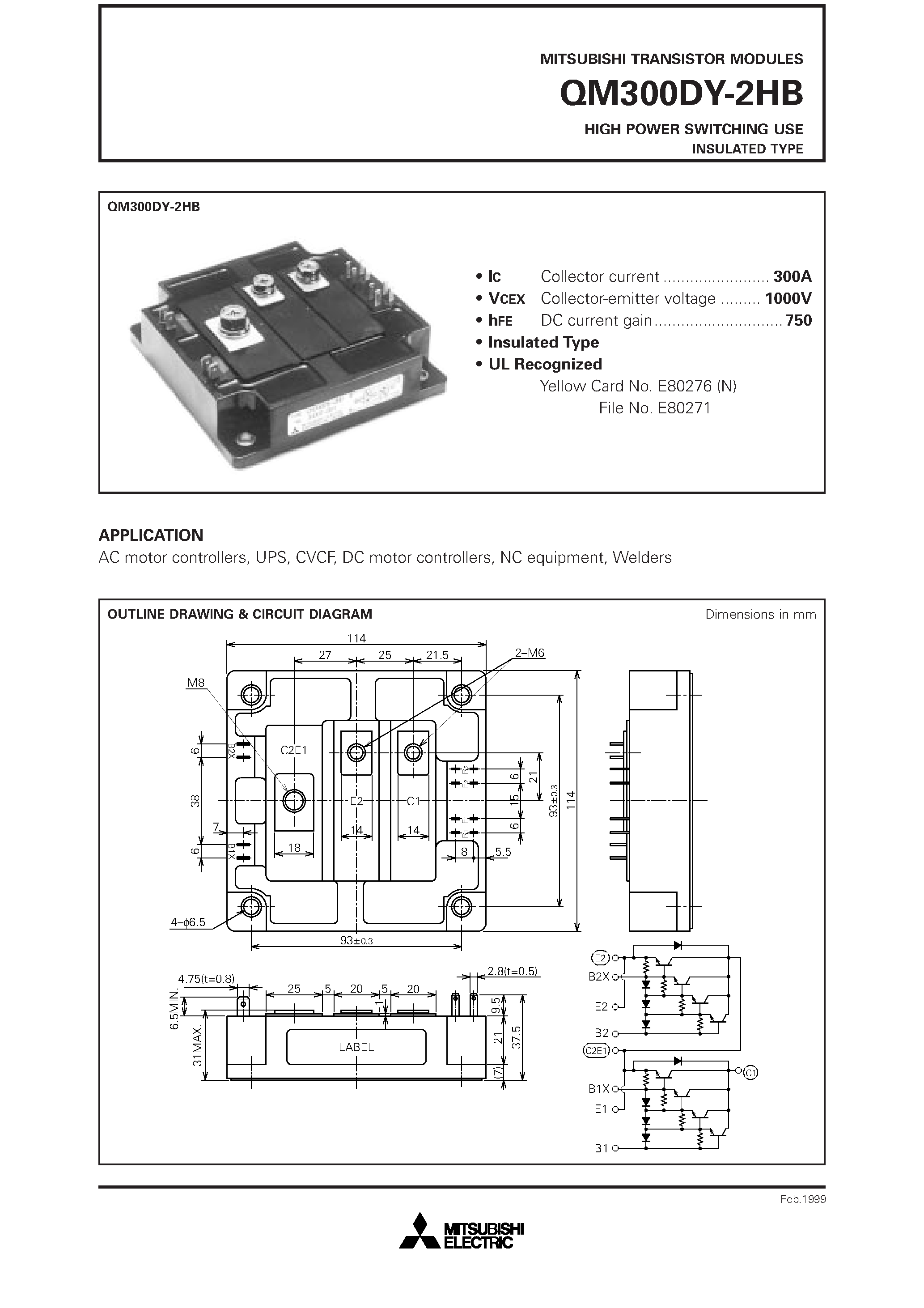 Datasheet QM300DY-2HB - HIGH POWER SWITCHING USE INSULATED TYPE page 1