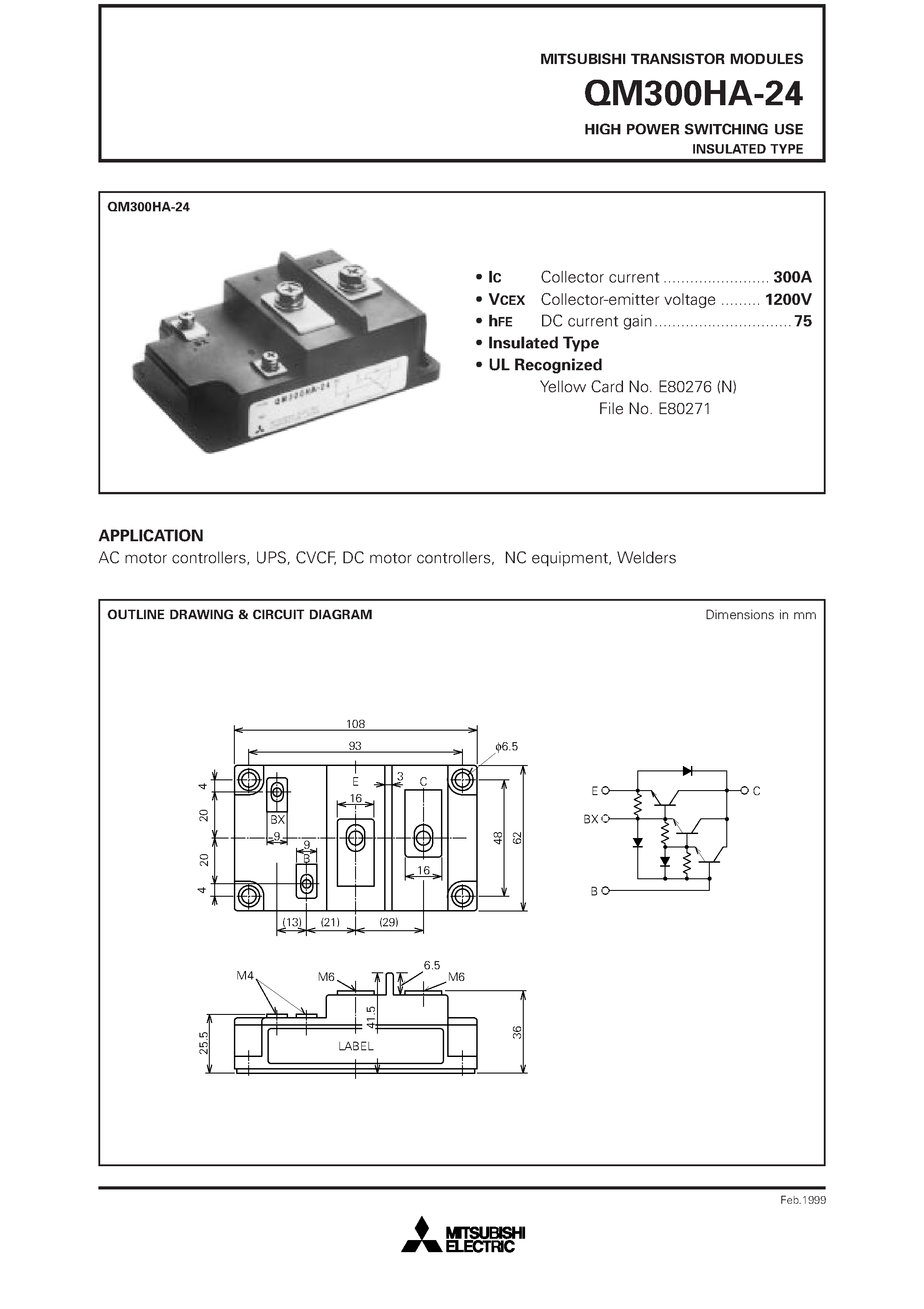Datasheet QM300HA-24 - HIGH POWER SWITCHING USE INSULATED TYPE page 1