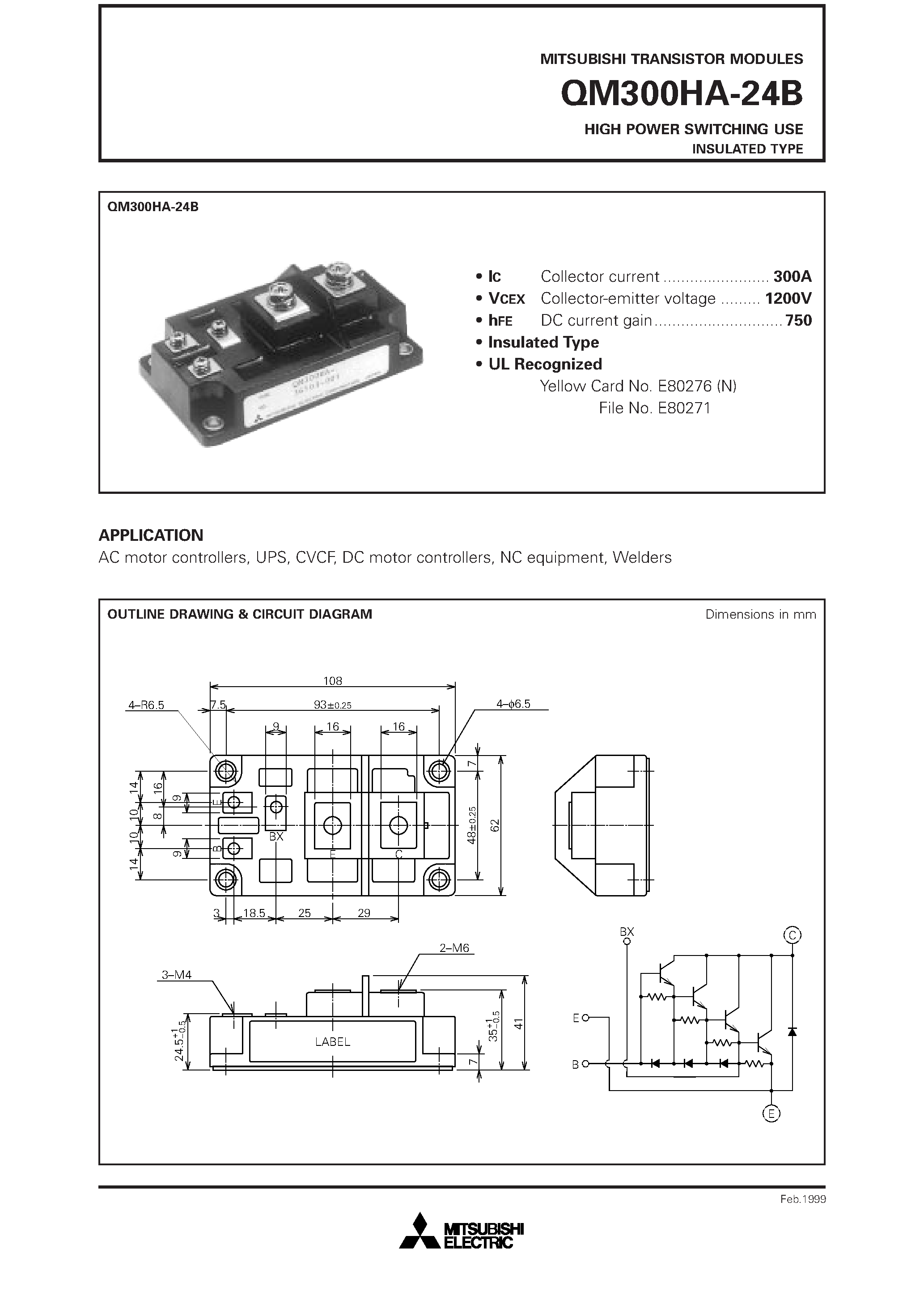 Datasheet QM300HA-24B - HIGH POWER SWITCHING USE INSULATED TYPE page 1