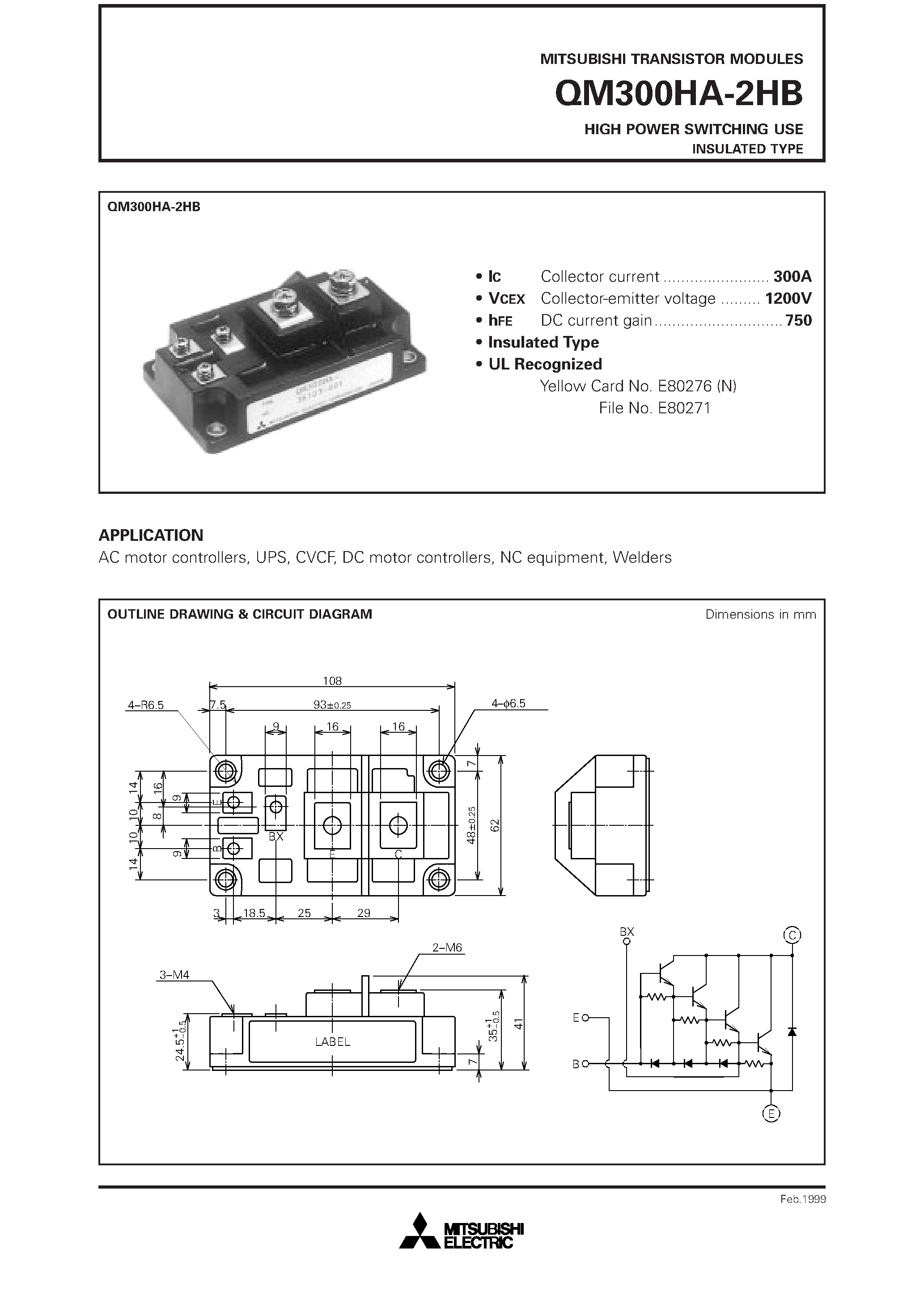 Datasheet QM300HA-2HB - HIGH POWER SWITCHING USE INSULATED TYPE page 1