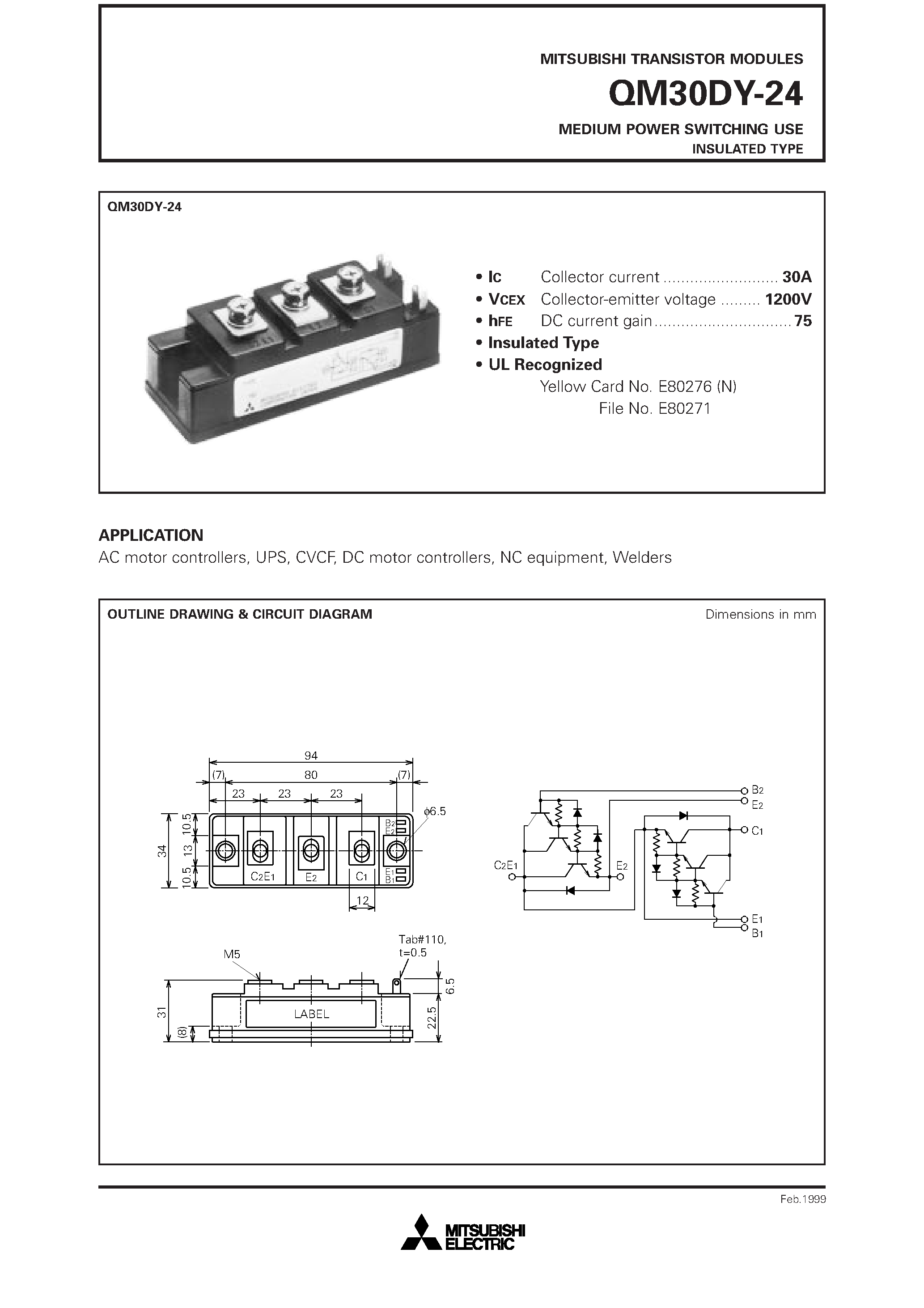 Datasheet QM30DY-24 page 1 Datasheet QM30DY-24 - MEDIUM POWER SWITCHING USE INSULATED TYPE page 1