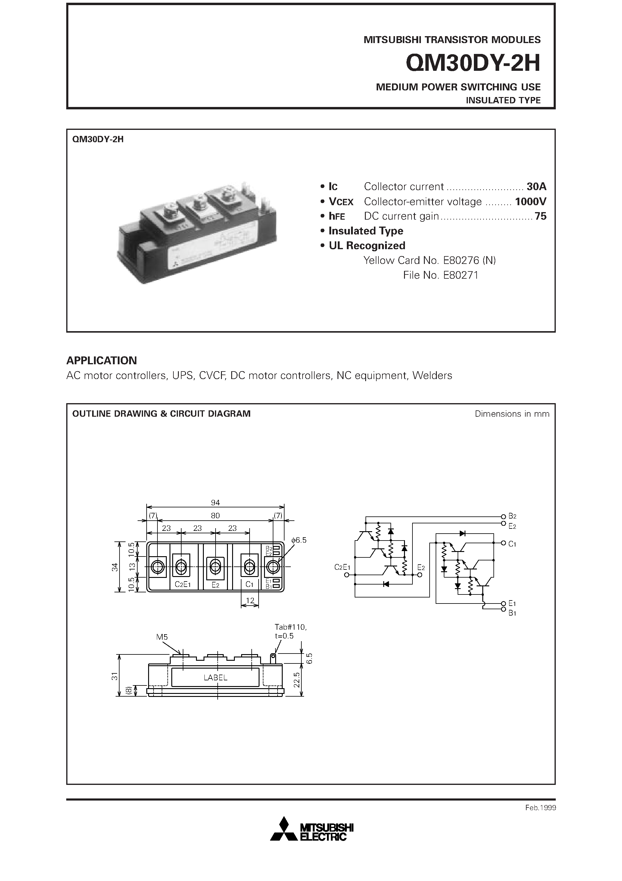 Datasheet QM30DY-2H page 1 Datasheet QM30DY-2H - MEDIUM POWER SWITCHING USE INSULATED TYPE page 1