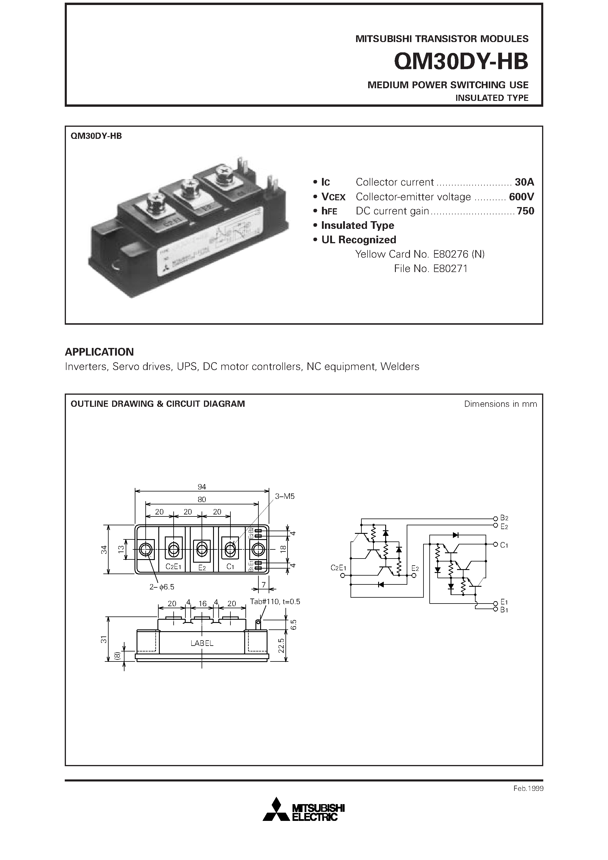 Datasheet QM30DY-HB page 1 Datasheet QM30DY-HB - MEDIUM POWER SWITCHING USE INSULATED TYPE page 1