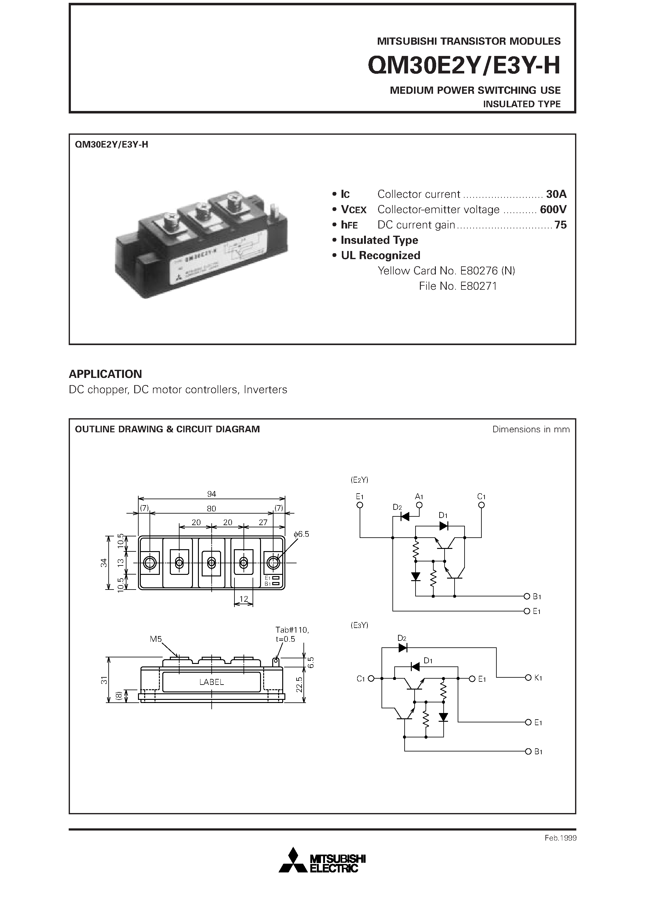 Datasheet QM30E2Y - MEDIUM POWER SWITCHING USE INSULATED TYPE page 1