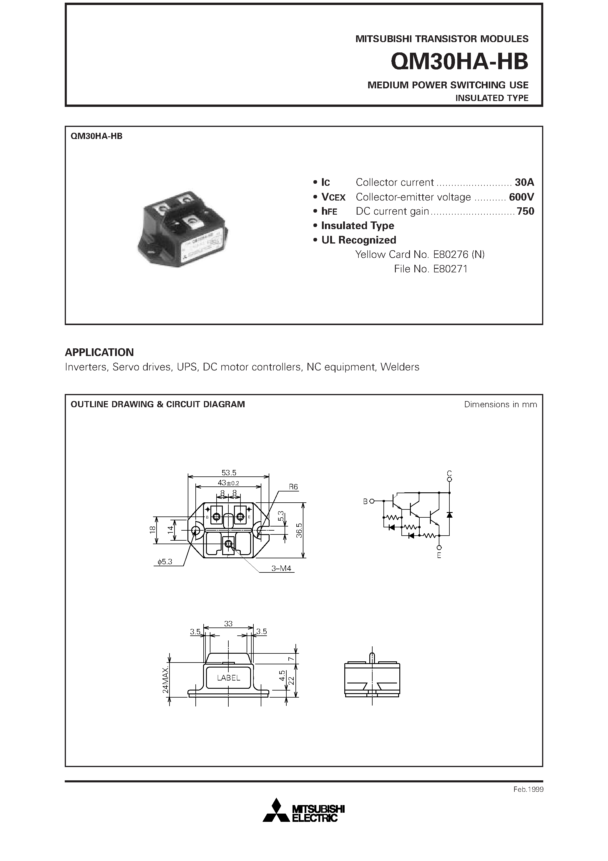 Datasheet QM30HA-HB - MEDIUM POWER SWITCHING USE INSULATED TYPE page 1