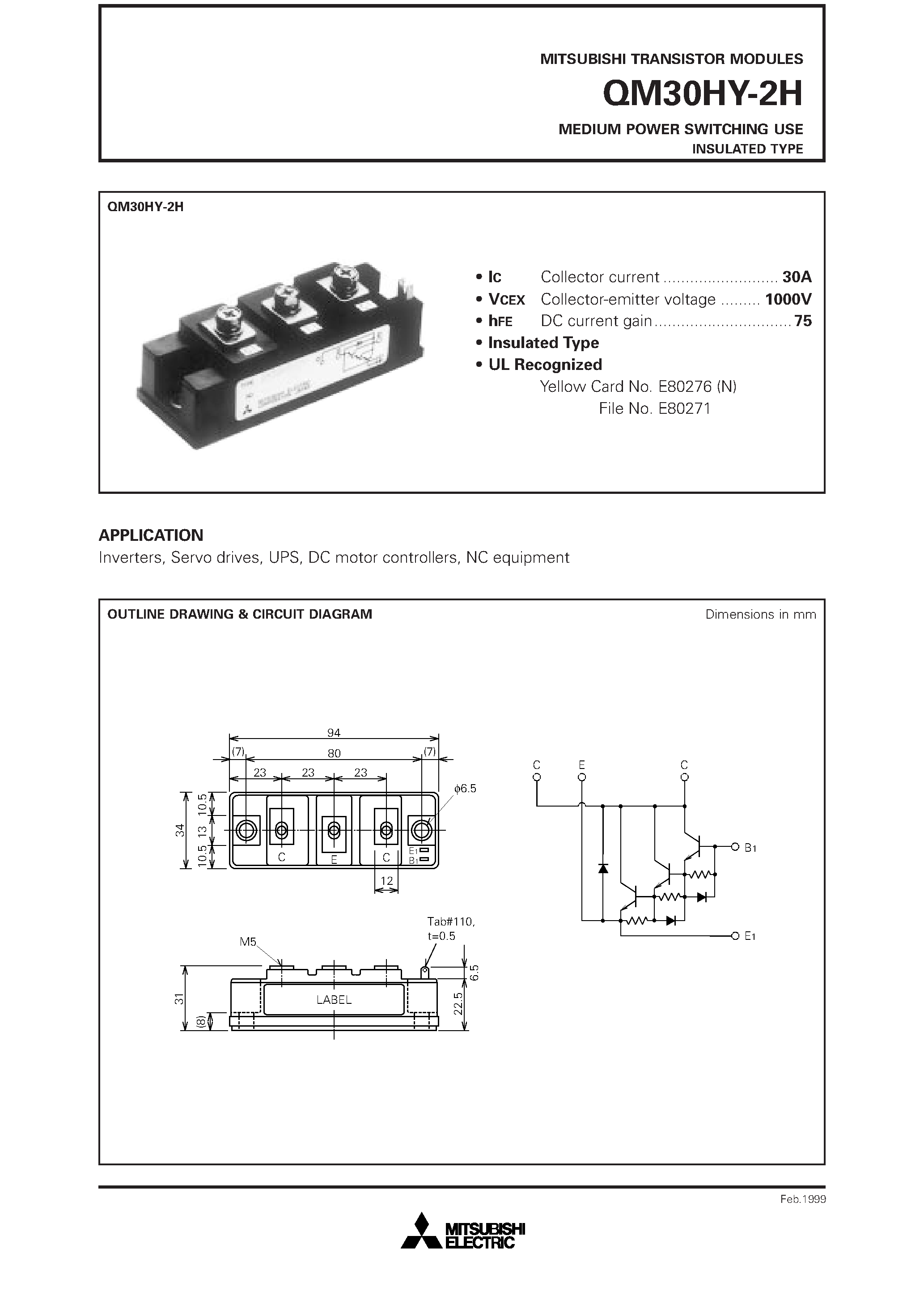 Datasheet QM30HY-2H - MEDIUM POWER SWITCHING USE INSULATED TYPE page 1