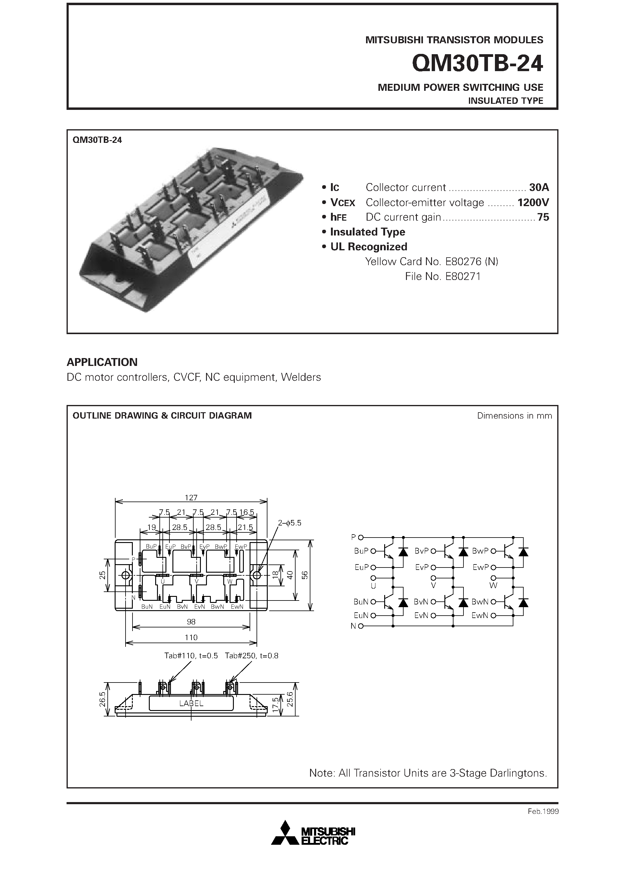 Datasheet QM30TB-24 - MEDIUM POWER SWITCHING USE INSULATED TYPE page 1