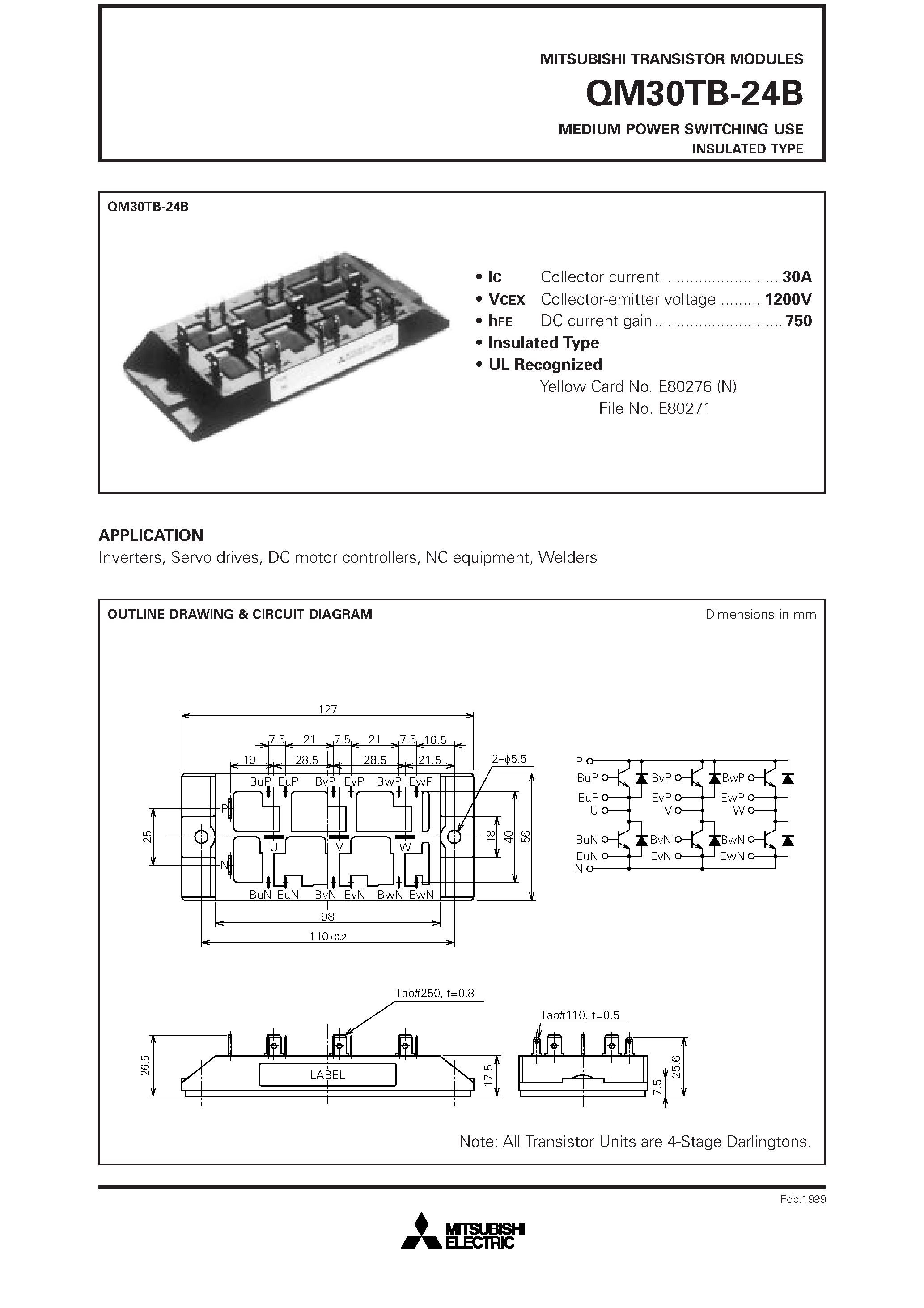 Datasheet QM30TB-24B - MEDIUM POWER SWITCHING USE INSULATED TYPE page 1