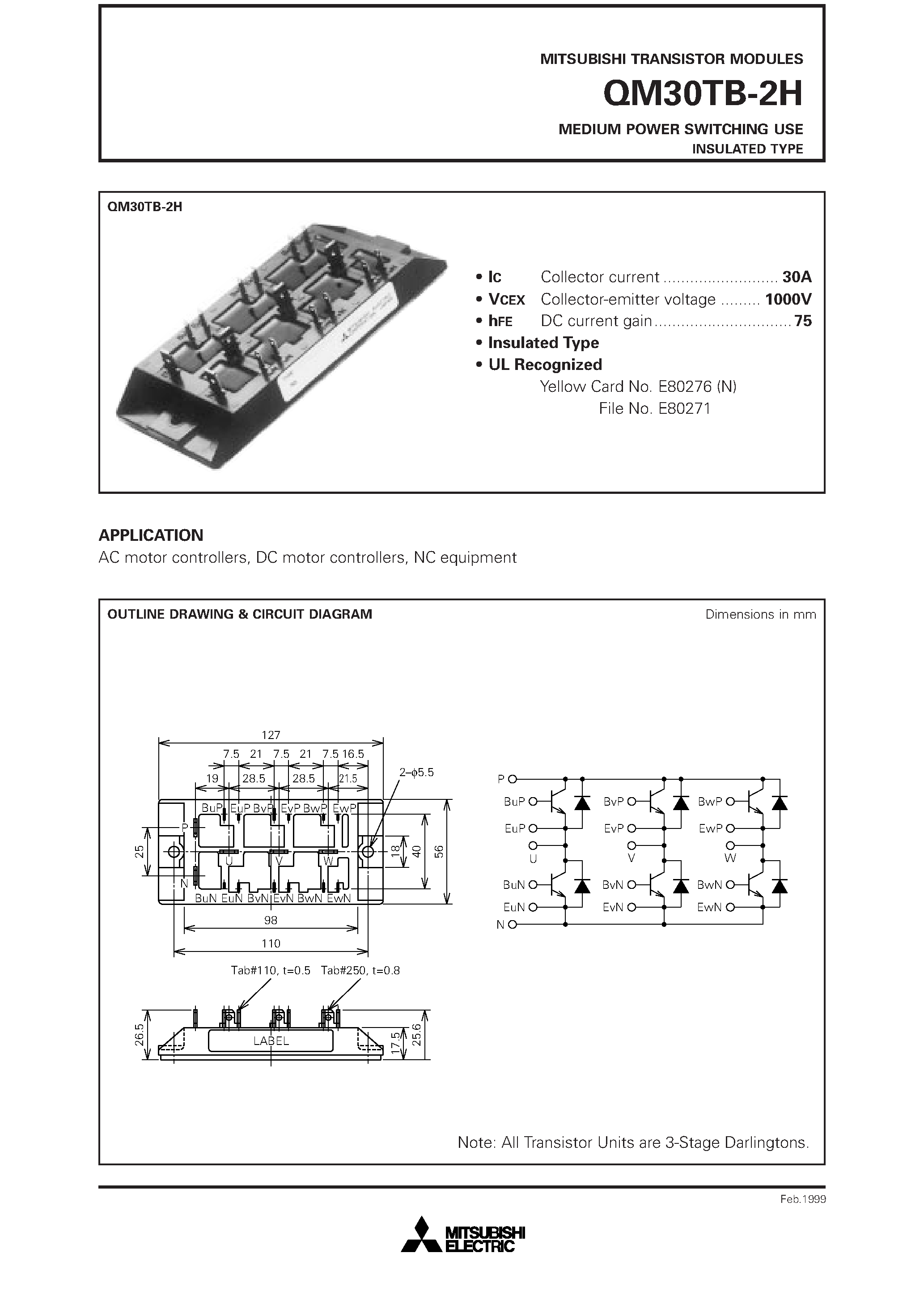 Datasheet QM30TB-2H - MEDIUM POWER SWITCHING USE INSULATED TYPE page 1