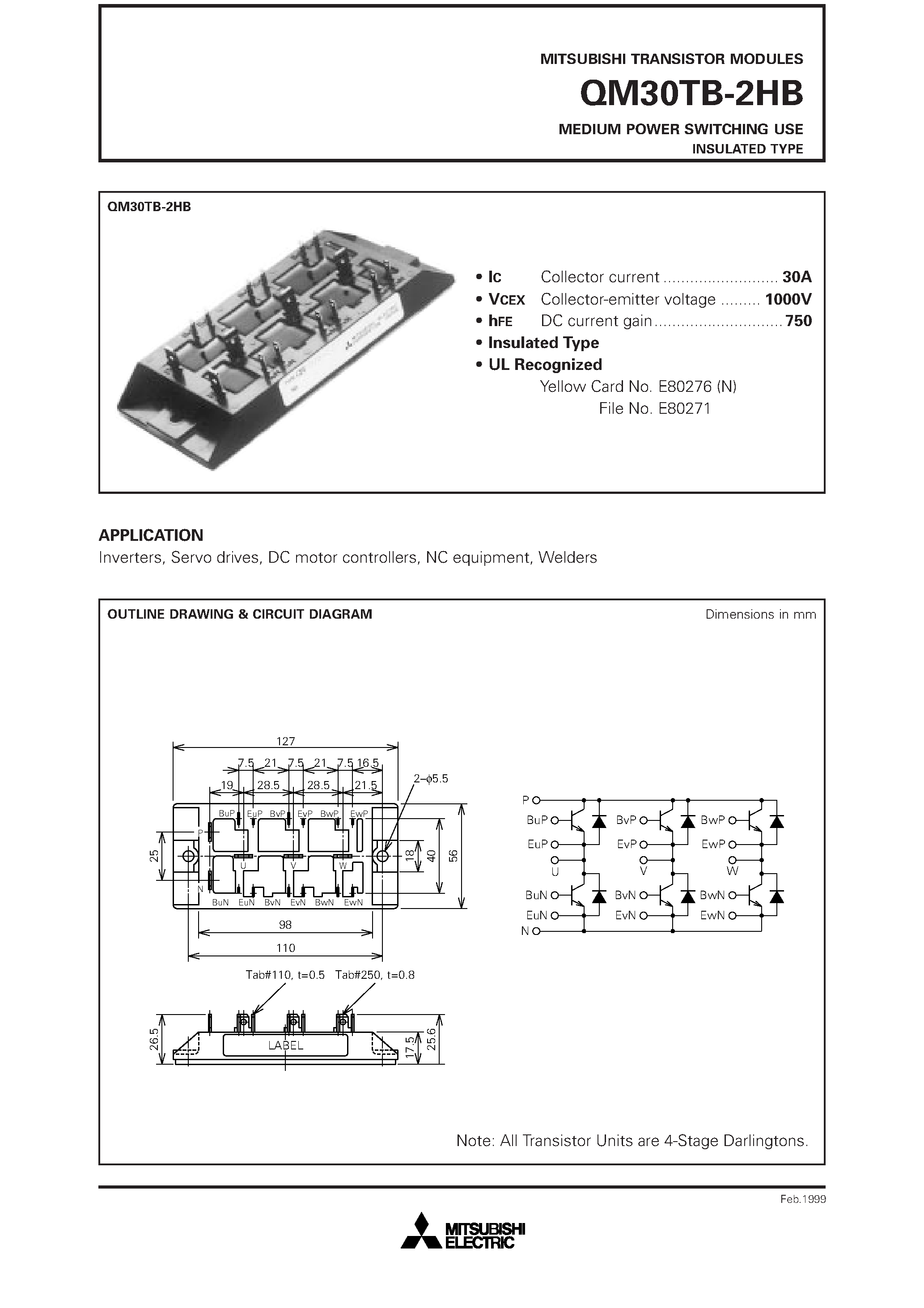 Datasheet QM30TB-2HB - MEDIUM POWER SWITCHING USE INSULATED TYPE page 1