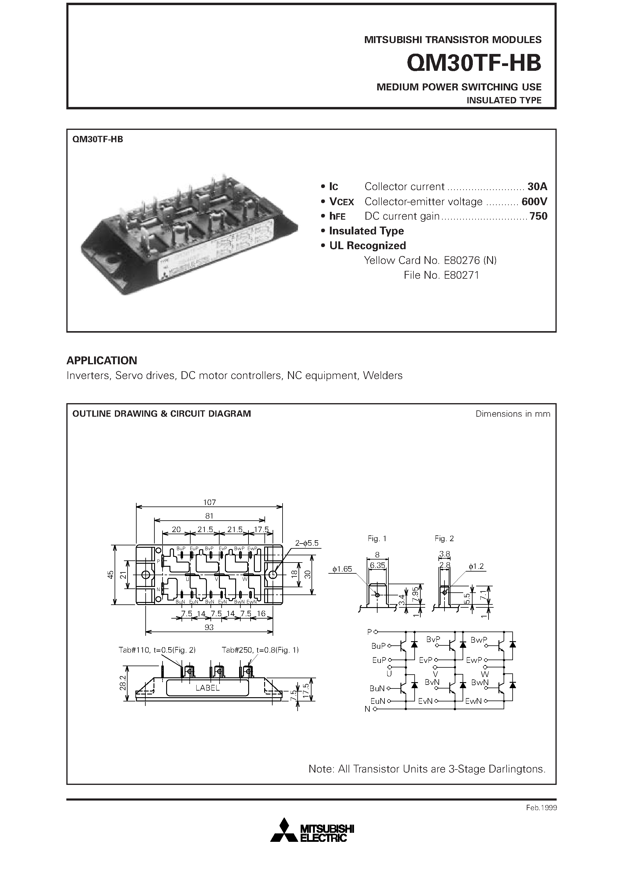 Datasheet QM30TF-HB page 1 Datasheet QM30TF-HB - MEDIUM POWER SWITCHING USE INSULATED TYPE page 1