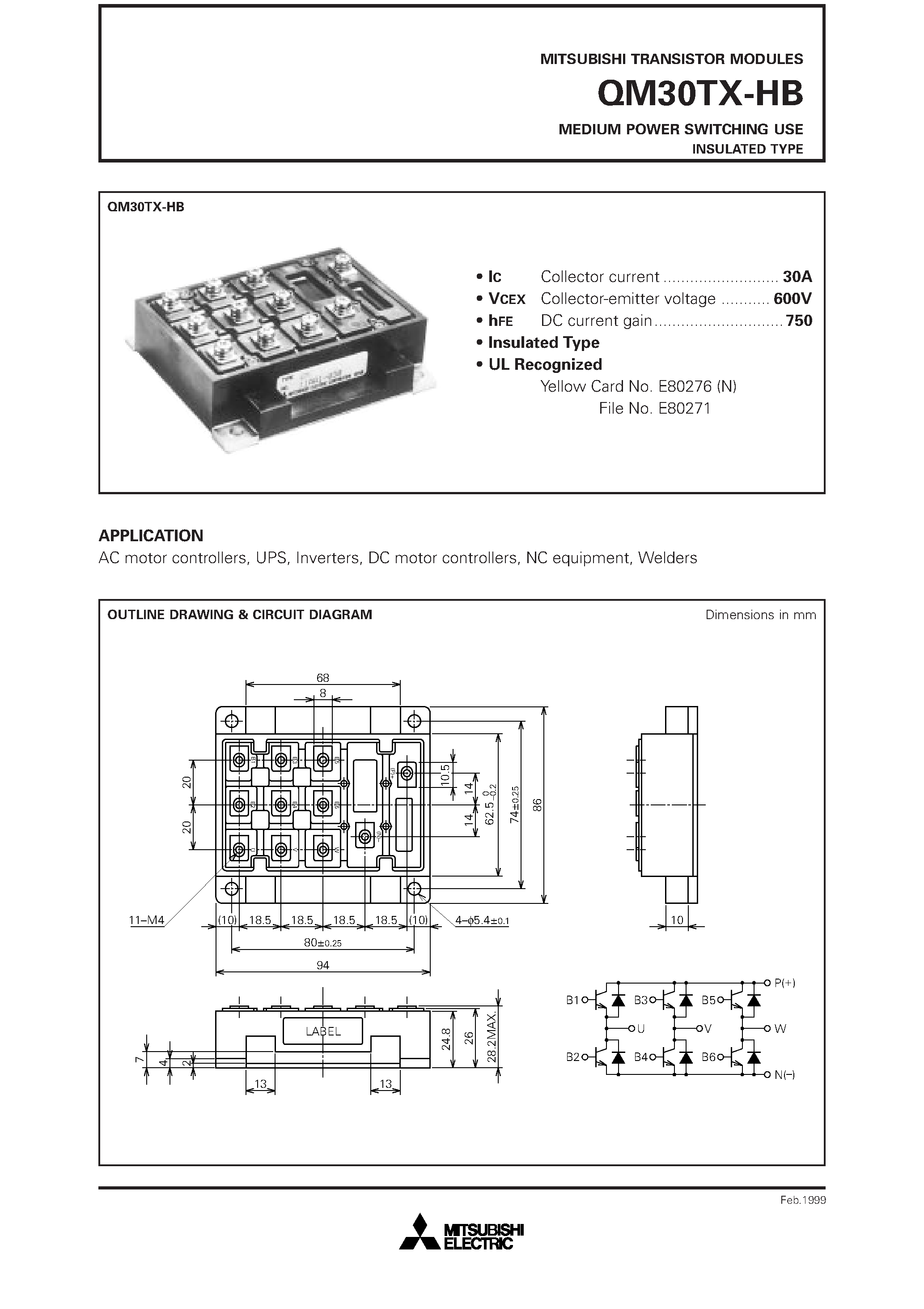 Datasheet QM30TX-HB page 1 Datasheet QM30TX-HB - MEDIUM POWER SWITCHING USE INSULATED TYPE page 1