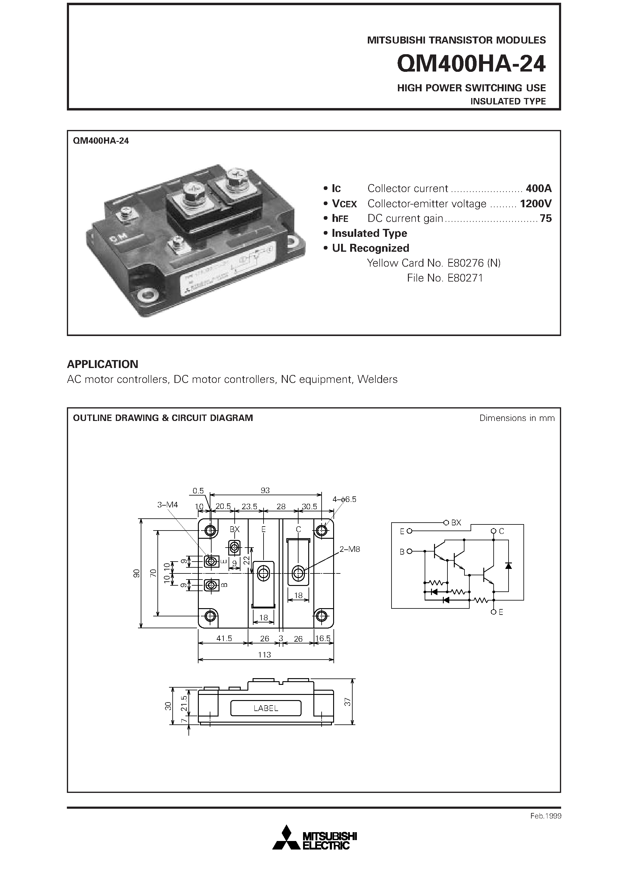 Datasheet QM400HA-24 page 1 Datasheet QM400HA-24 - HIGH POWER SWITCHING USE INSULATED TYPE page 1