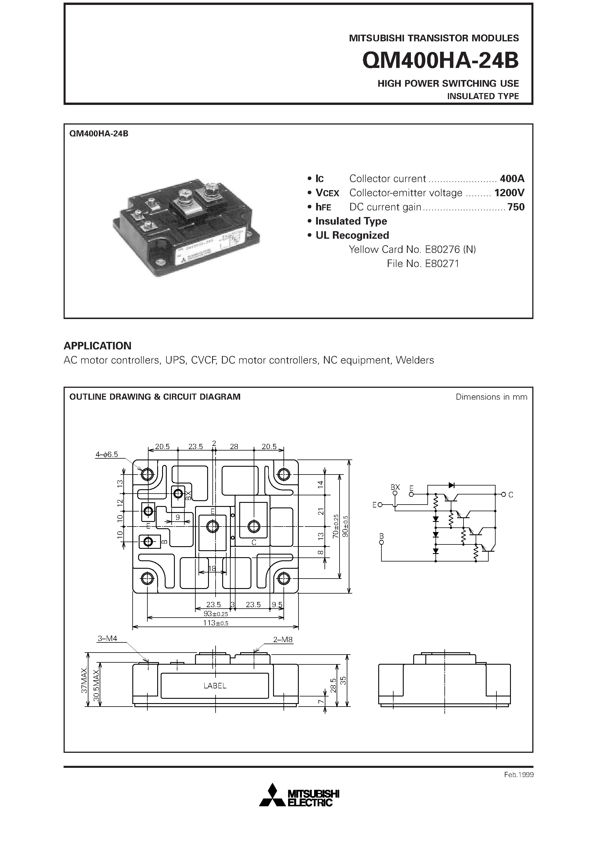 Datasheet QM400HA-24B page 1 Datasheet QM400HA-24B - HIGH POWER SWITCHING USE INSULATED TYPE page 1