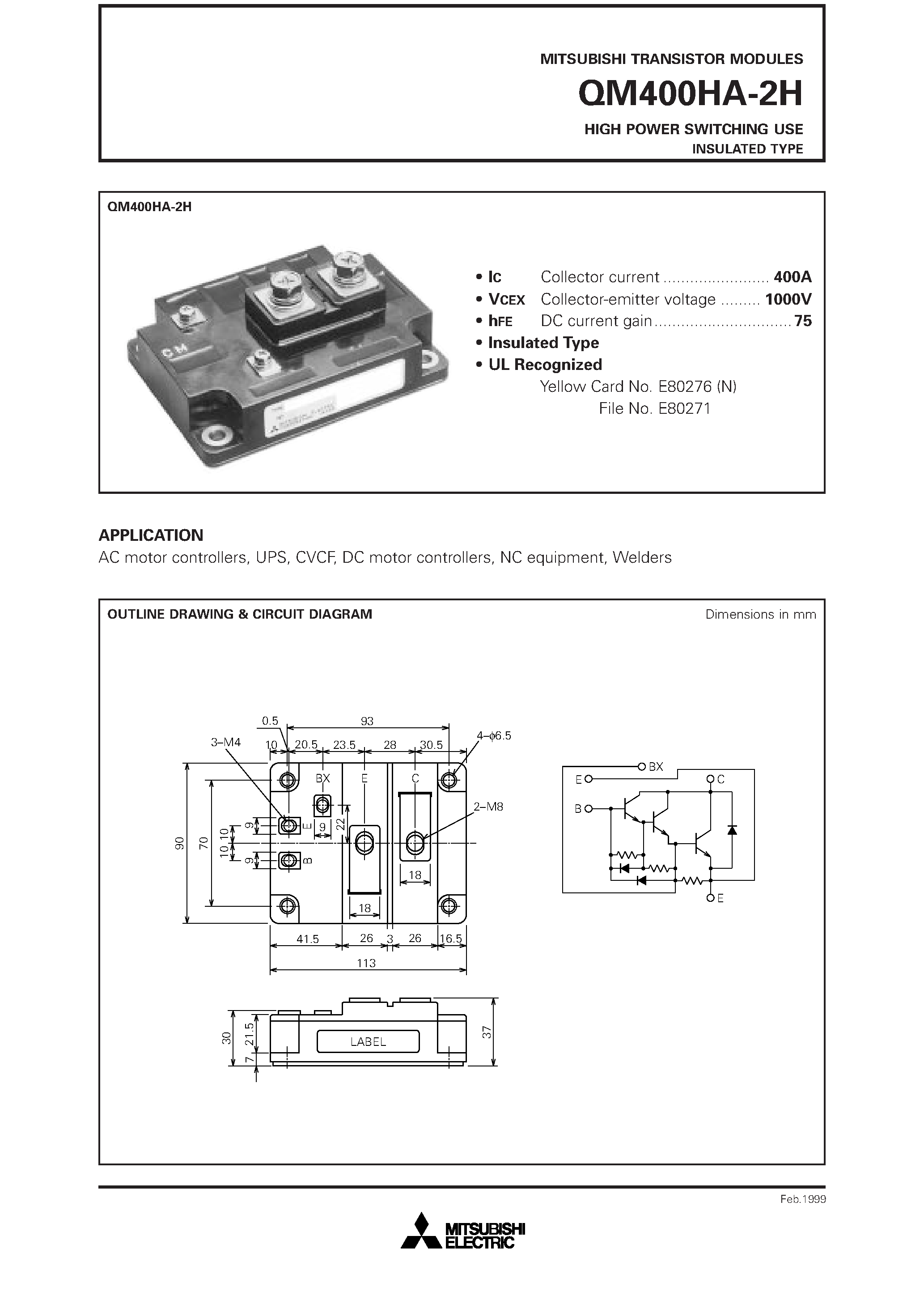 Datasheet QM400HA-2H page 1 Datasheet QM400HA-2H - HIGH POWER SWITCHING USE INSULATED TYPE page 1