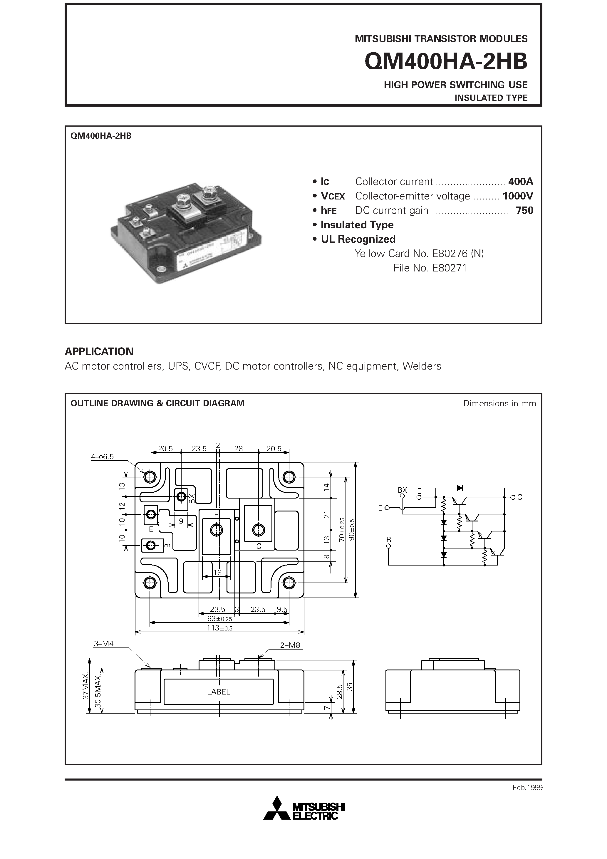 Datasheet QM400HA-2HB page 1 Datasheet QM400HA-2HB - HIGH POWER SWITCHING USE INSULATED TYPE page 1