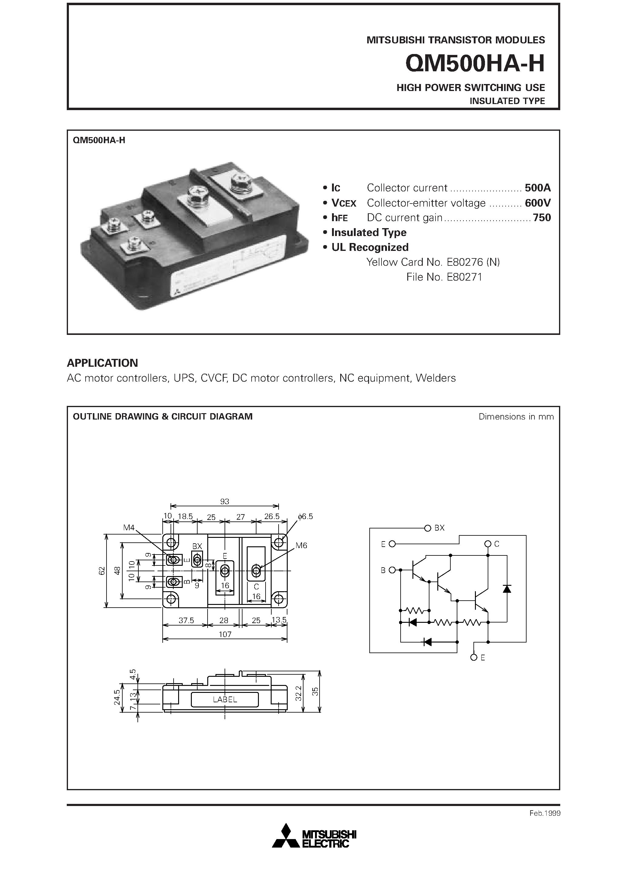Datasheet QM500 page 1 Datasheet QM500 - HIGH POWER SWITCHING USE INSULATED TYPE page 1