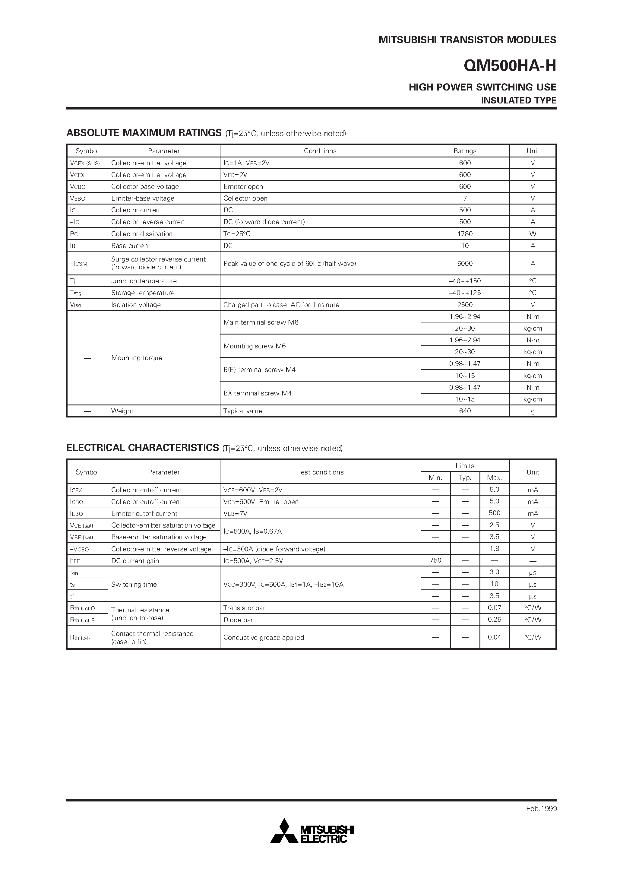 Datasheet QM500 page 2 Datasheet QM500 - HIGH POWER SWITCHING USE INSULATED TYPE page 2