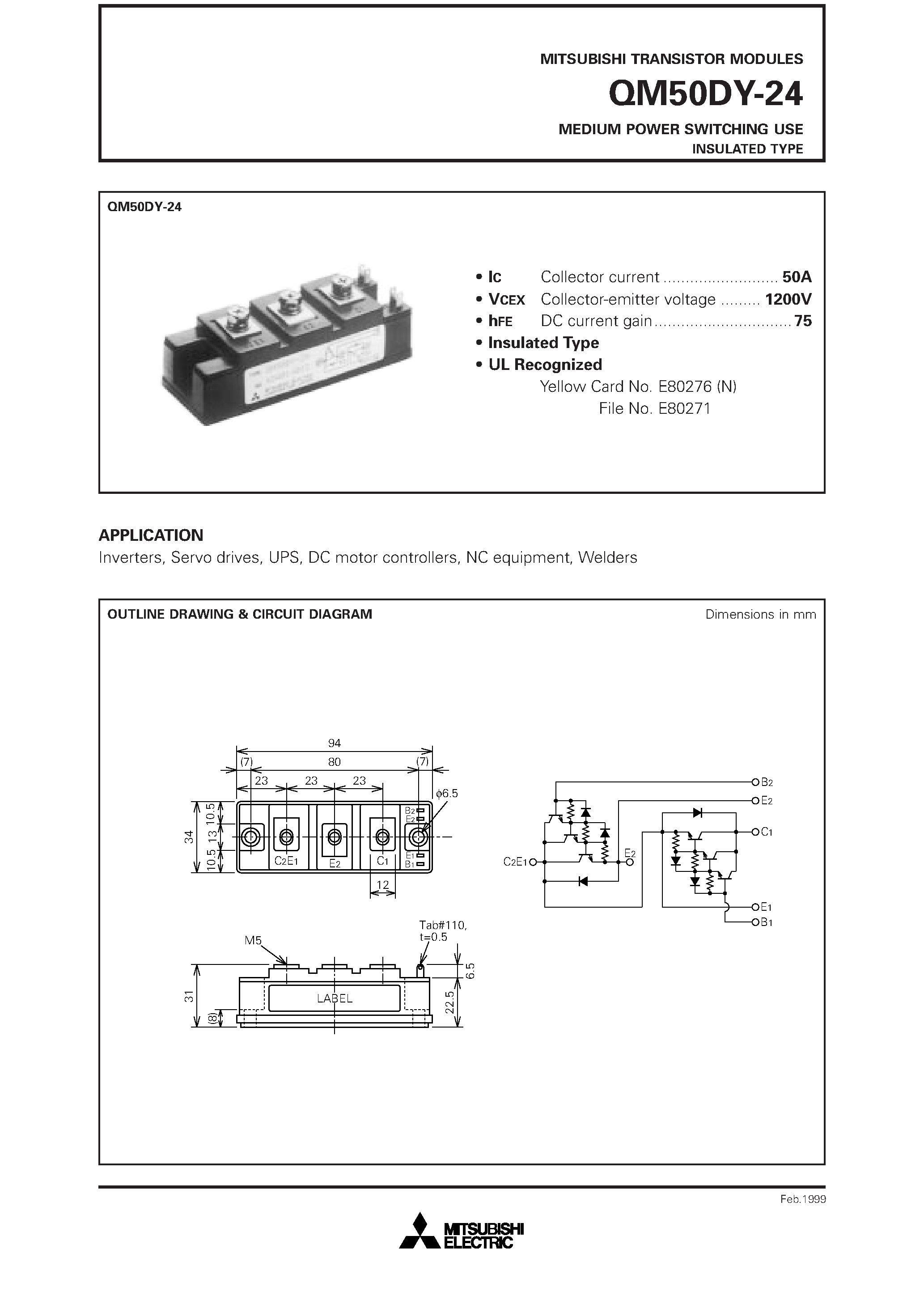 Datasheet QM50DY-24 page 1 Datasheet QM50DY-24 - MEDIUM POWER SWITCHING USE INSULATED TYPE page 1