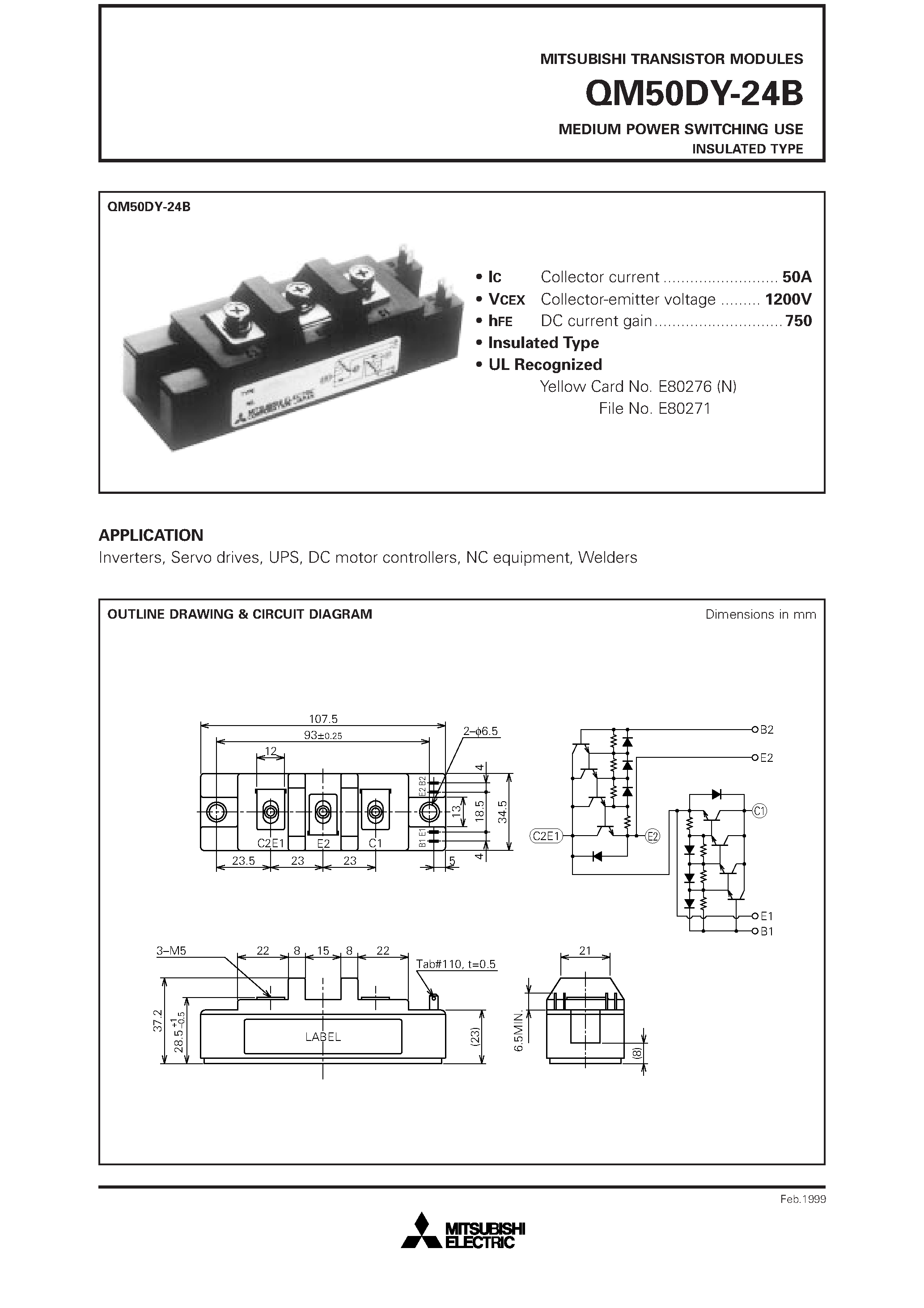 Datasheet QM50DY-24B page 1 Datasheet QM50DY-24B - MEDIUM POWER SWITCHING USE INSULATED TYPE page 1