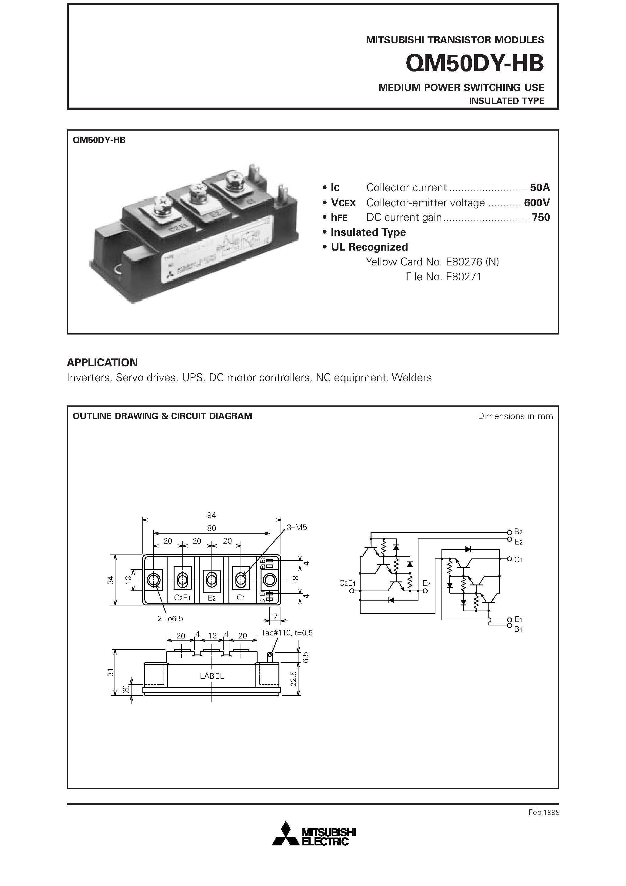 Datasheet QM50DY-HB page 1 Datasheet QM50DY-HB - MEDIUM POWER SWITCHING USE INSULATED TYPE page 1