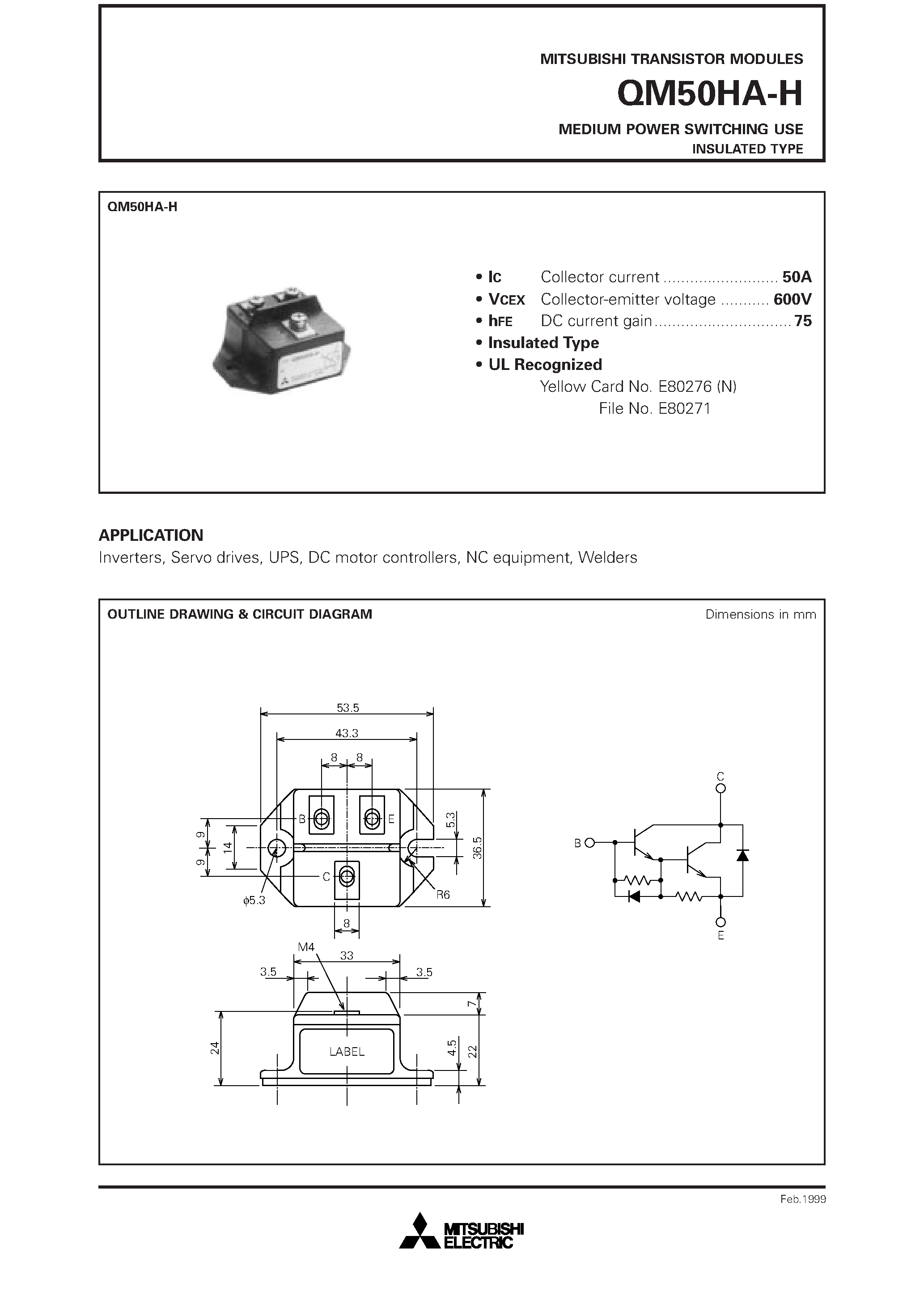 Datasheet QM50HA-H - MEDIUM POWER SWITCHING USE INSULATED TYPE page 1
