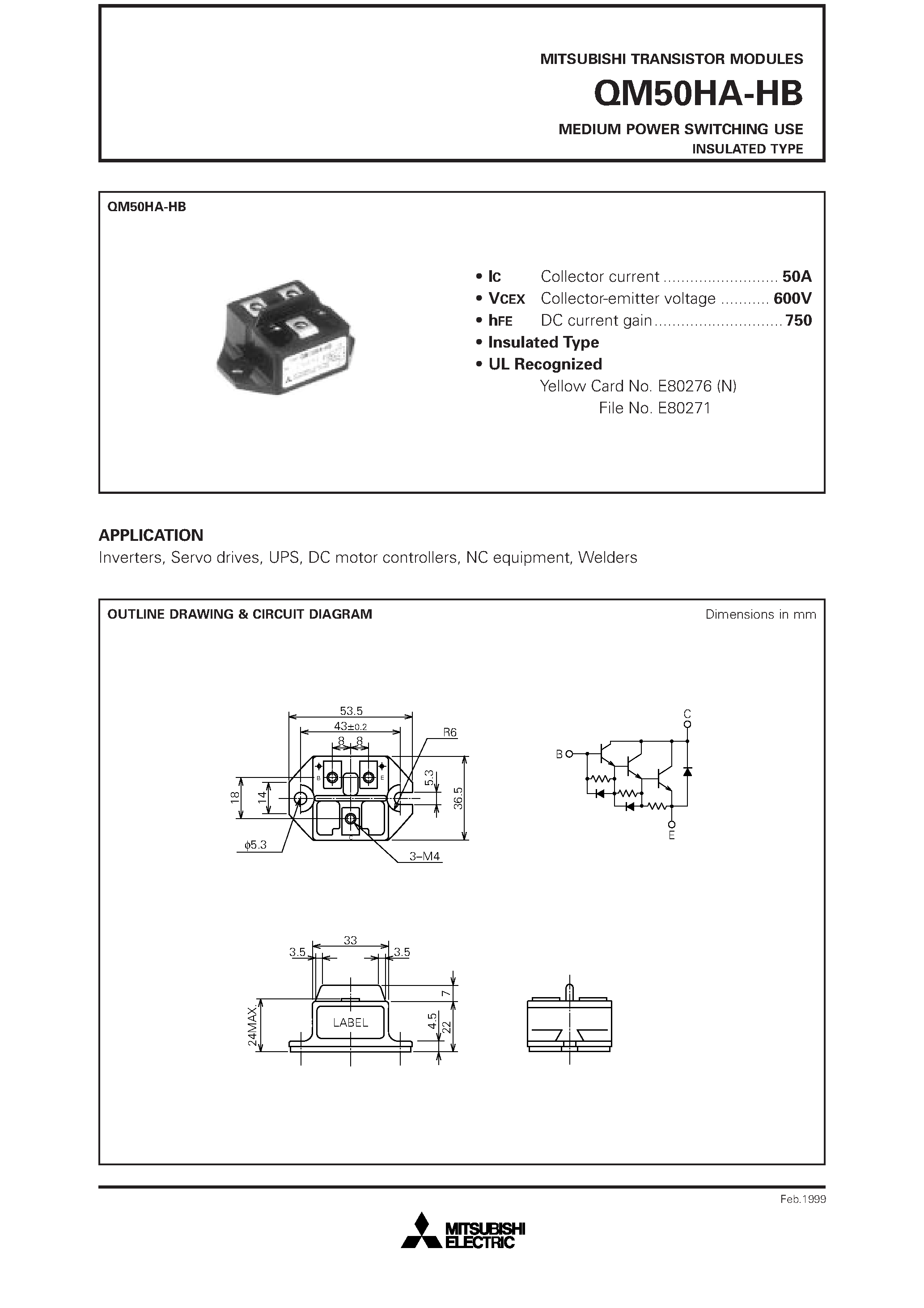 Datasheet QM50HA-HB - MEDIUM POWER SWITCHING USE INSULATED TYPE page 1