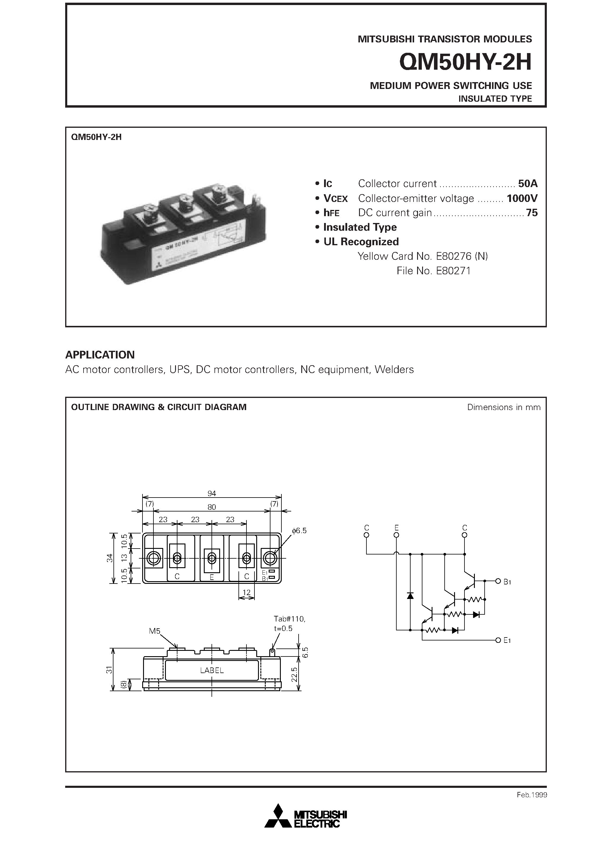 Datasheet QM50HY-2H page 1 Datasheet QM50HY-2H - MEDIUM POWER SWITCHING USE INSULATED TYPE page 1