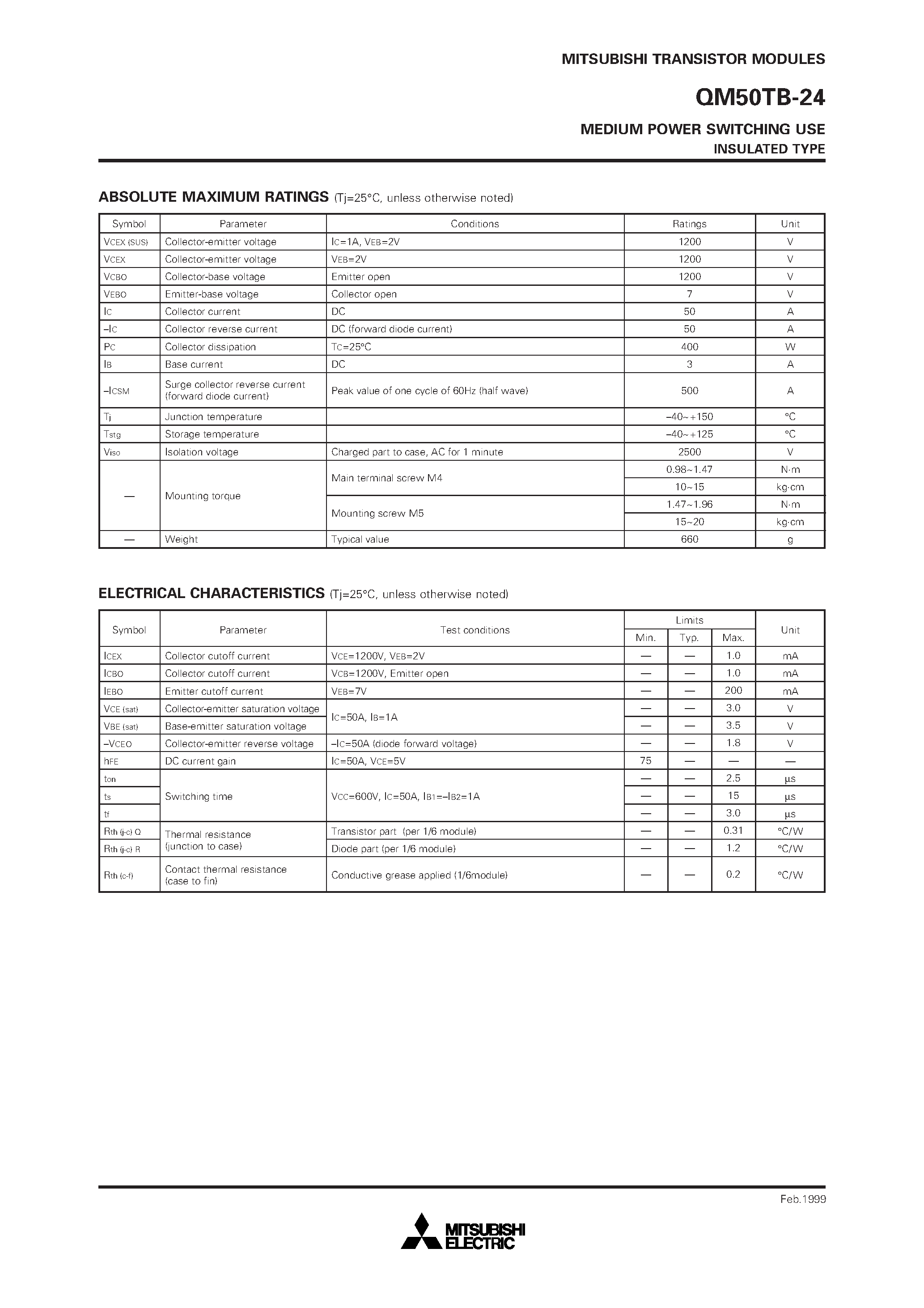 Datasheet QM50TB-24 - MEDIUM POWER SWITCHING USE INSULATED TYPE page 2