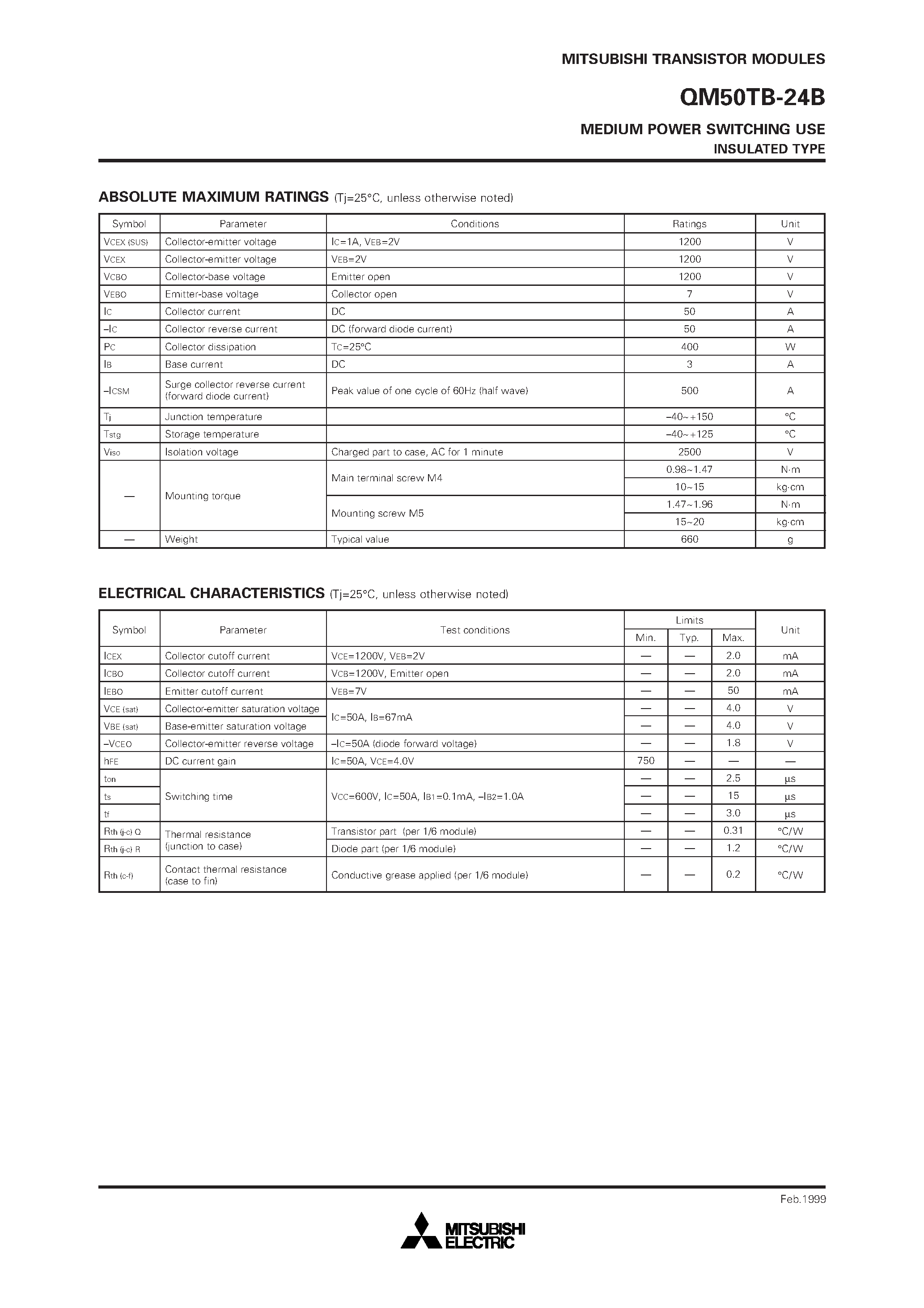 Datasheet QM50TB-24B - MEDIUM POWER SWITCHING USE INSULATED TYPE page 2
