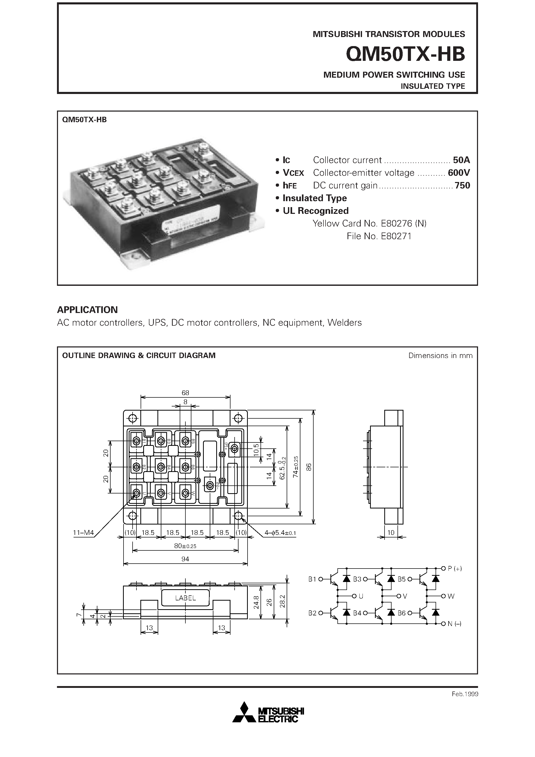 Datasheet QM50TX-HB page 1 Datasheet QM50TX-HB - MEDIUM POWER SWITCHING USE INSULATED TYPE page 1