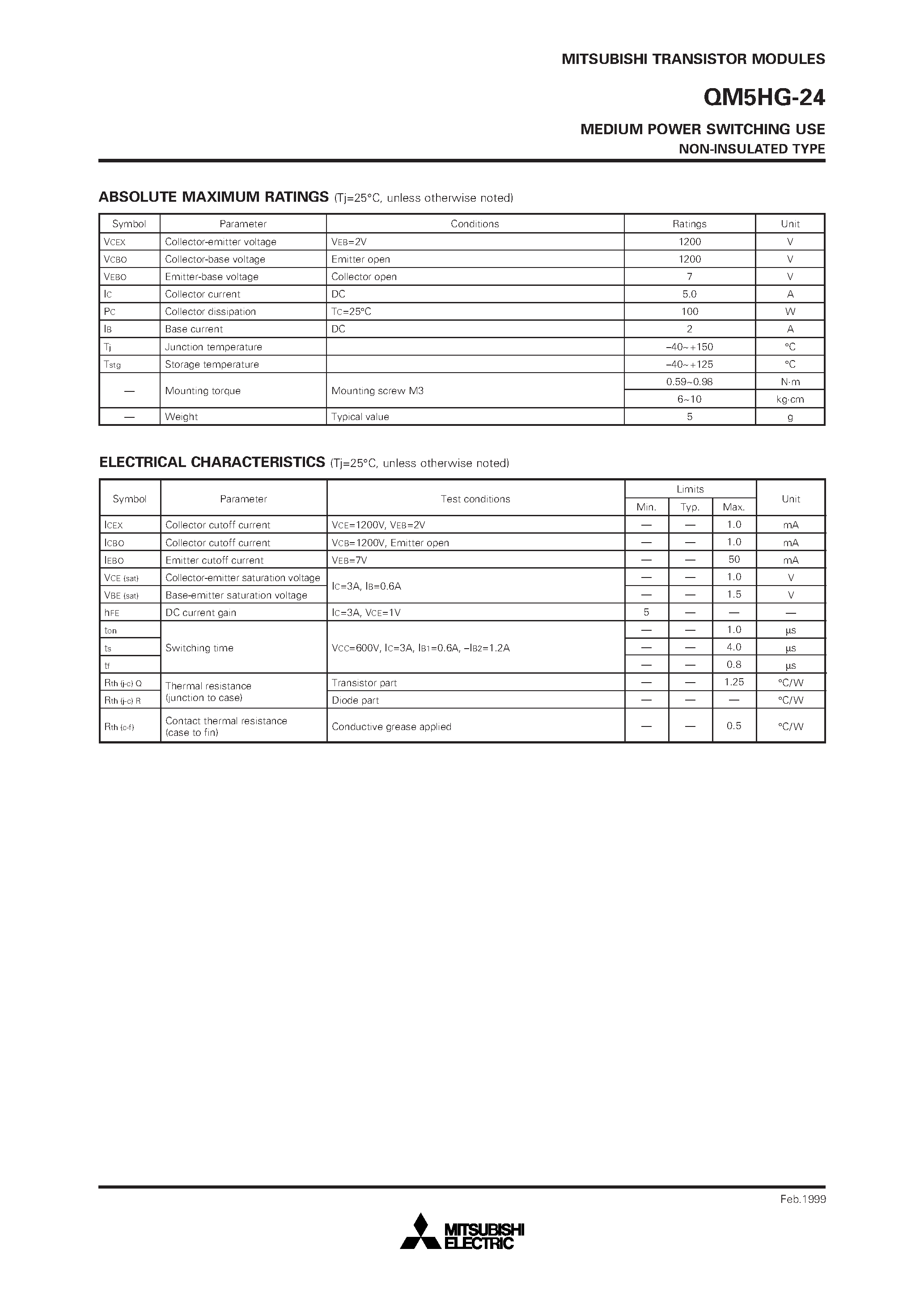 Datasheet QM5HG-24 - MEDIUM POWER SWITCHING USE NON-INSULATED TYPE page 2