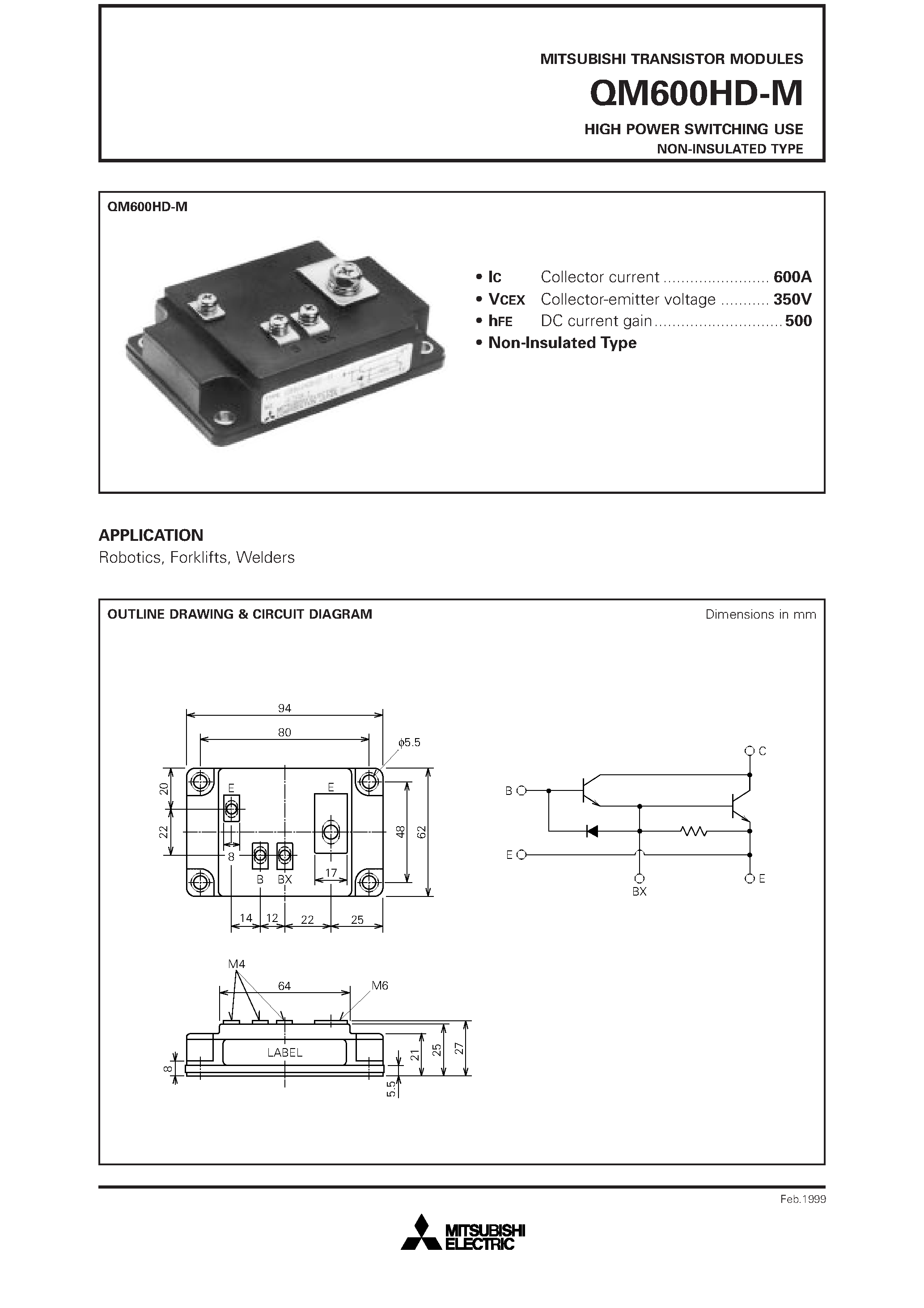 Даташит на микросхему QM600HD-M страница 1 Даташит QM600HD-M - HIGH POWER SWITCHING USE NON-INSULATED TYPE страница 1