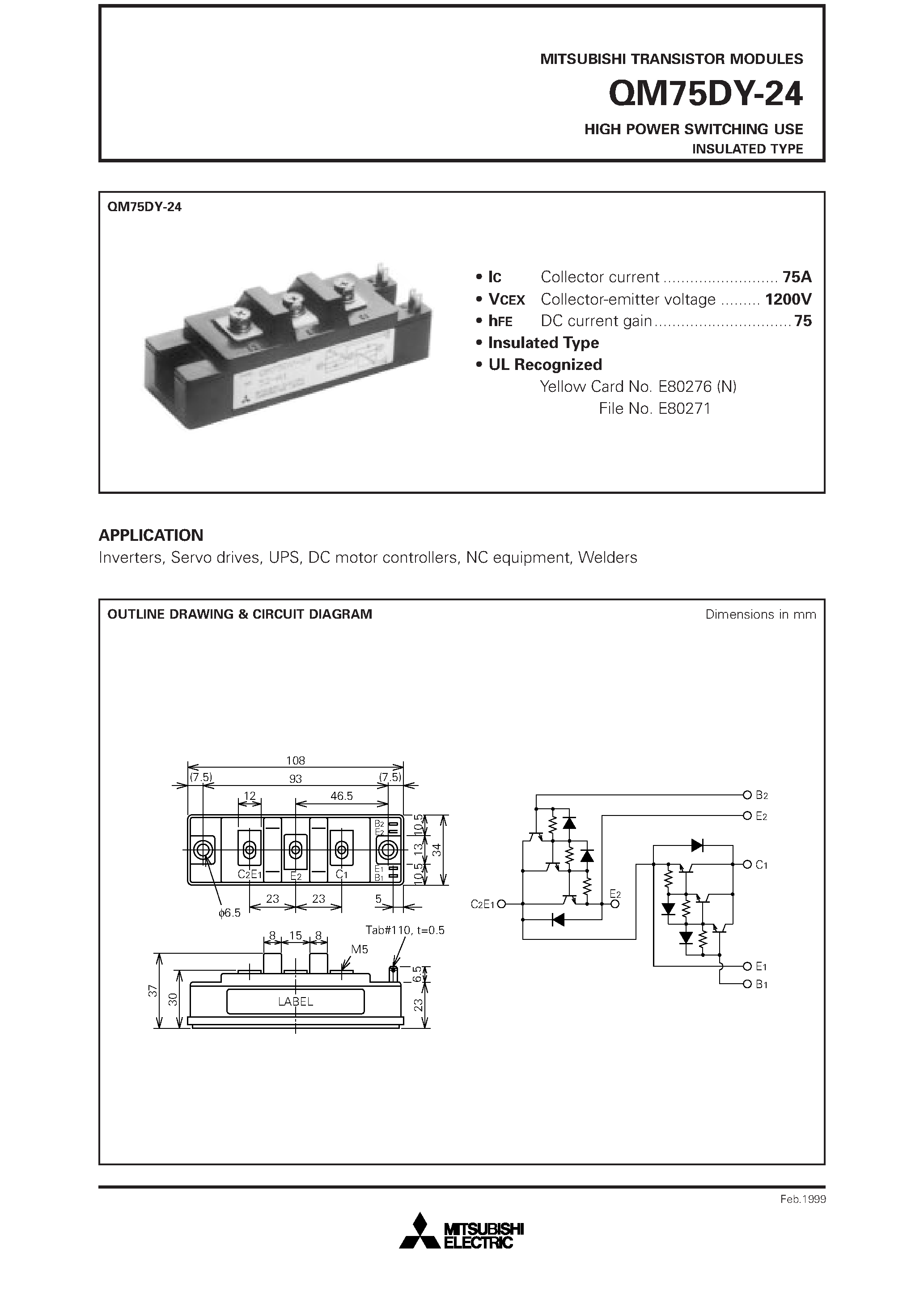 Datasheet QM75DY-24 page 1 Datasheet QM75DY-24 - HIGH POWER SWITCHING USE INSULATED TYPE page 1