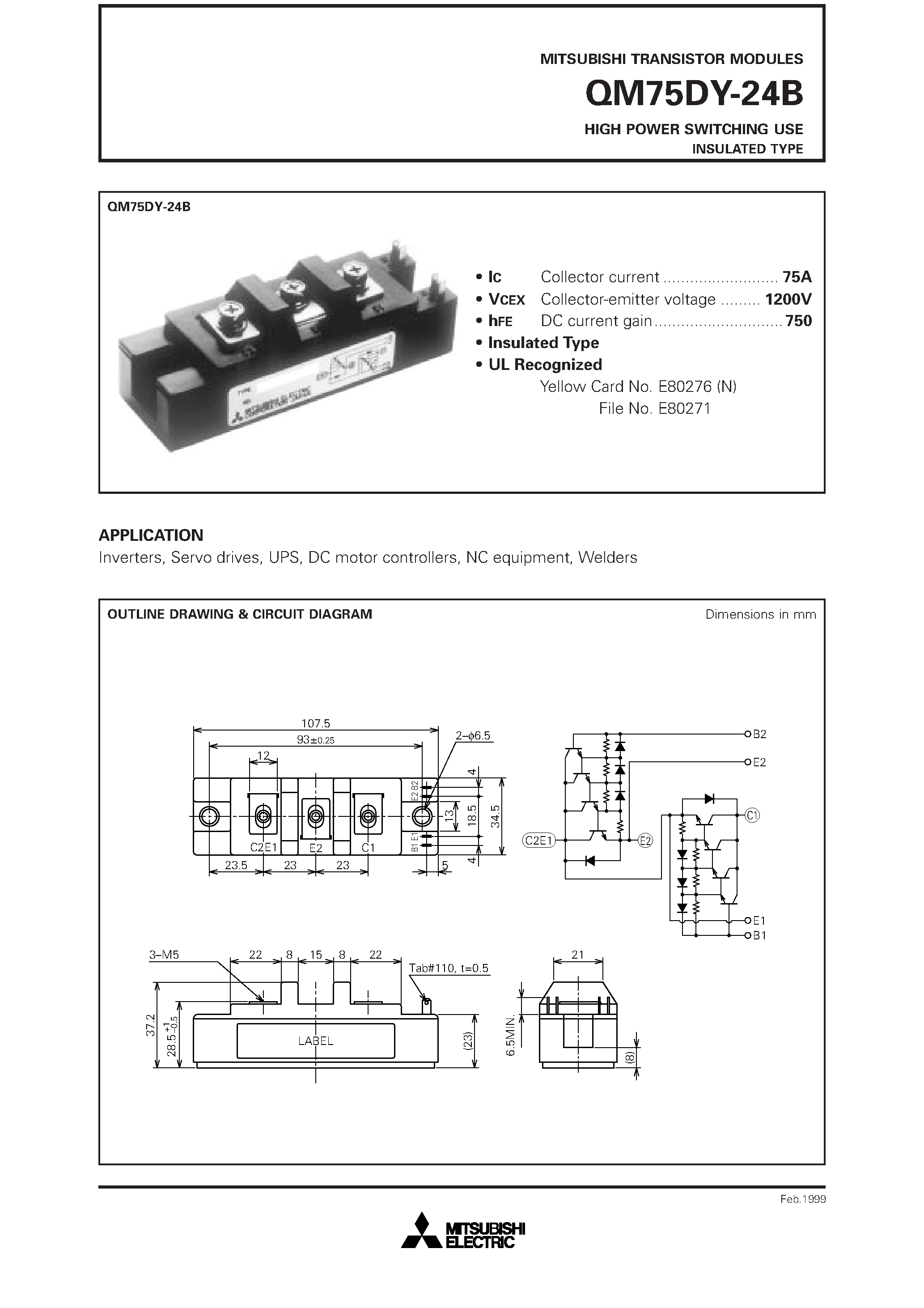 Datasheet QM75DY-24B page 1 Datasheet QM75DY-24B - HIGH POWER SWITCHING USE INSULATED TYPE page 1