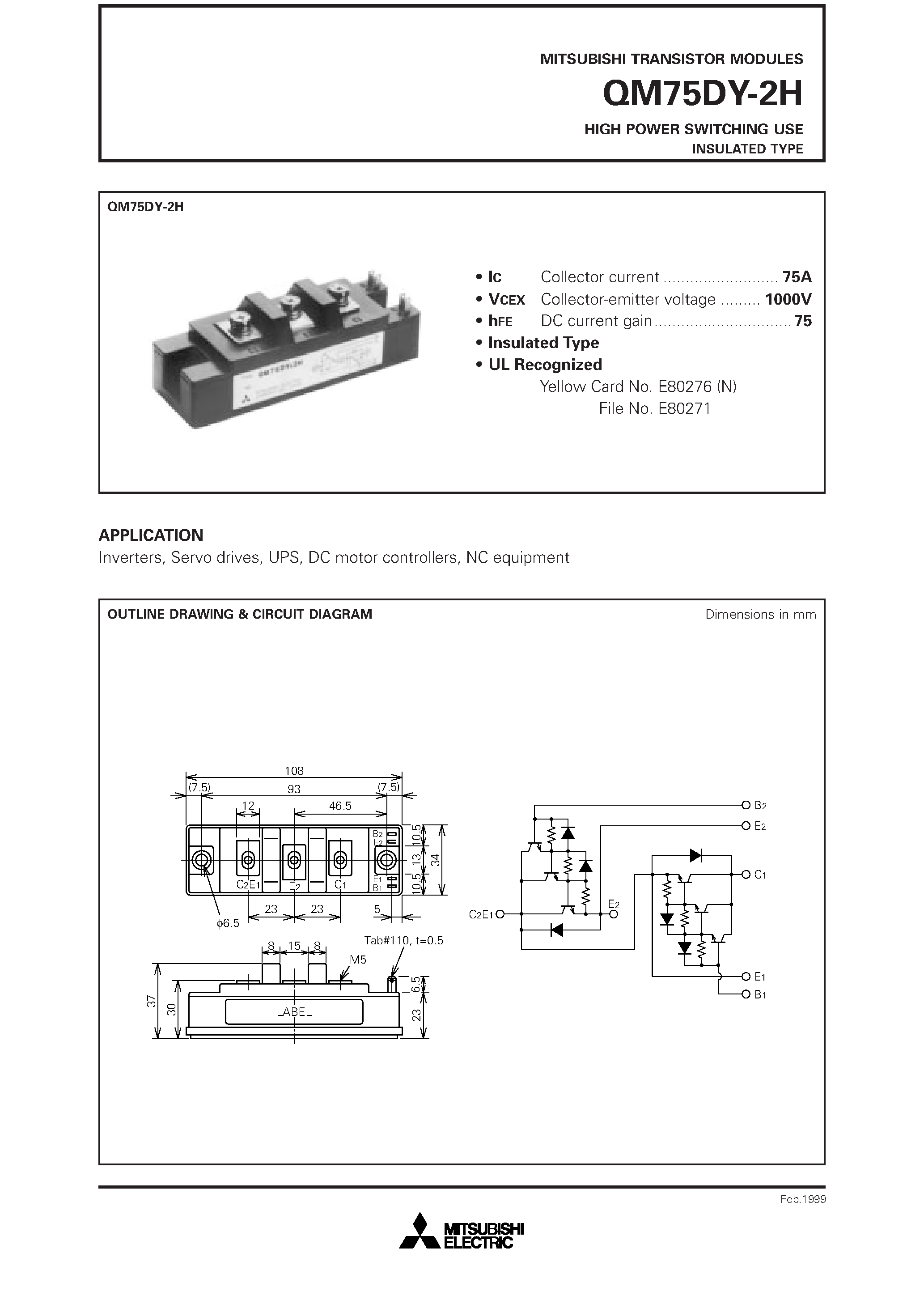 Datasheet QM75DY-2H page 1 Datasheet QM75DY-2H - HIGH POWER SWITCHING USE INSULATED TYPE page 1