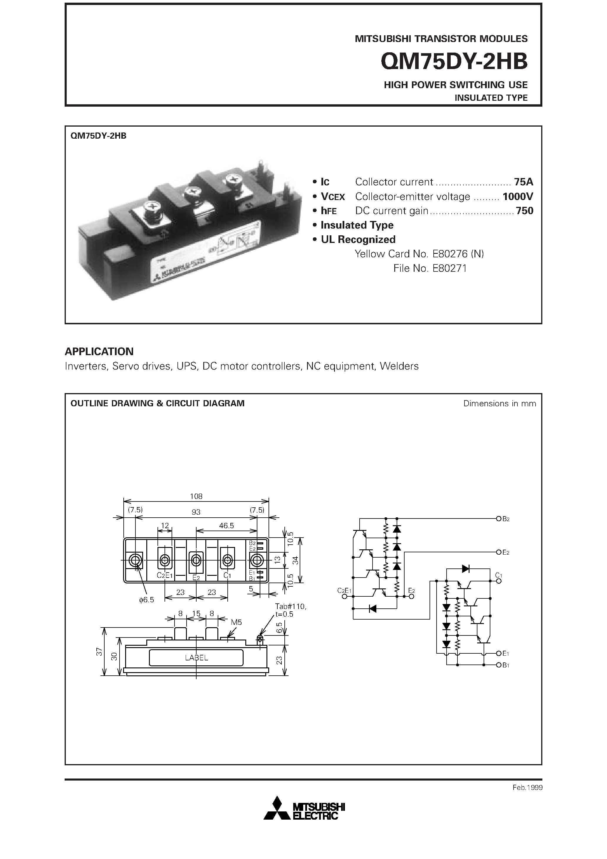 Datasheet QM75DY-2HB page 1 Datasheet QM75DY-2HB - HIGH POWER SWITCHING USE INSULATED TYPE page 1