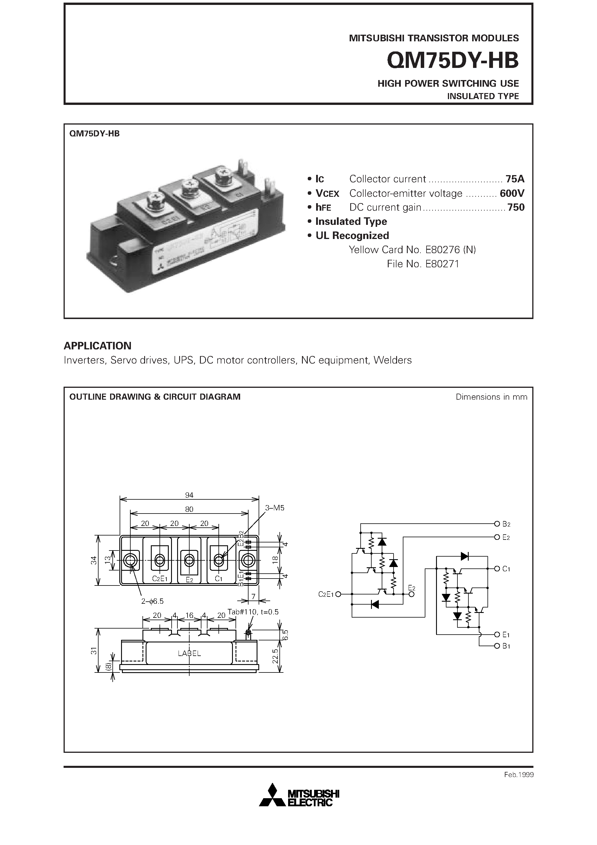 Datasheet QM75DY-HB page 1 Datasheet QM75DY-HB - HIGH POWER SWITCHING USE INSULATED TYPE page 1