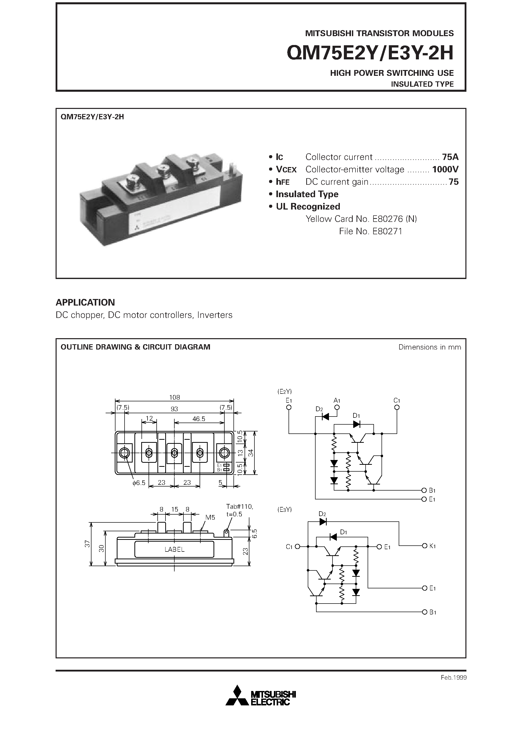 Datasheet QM75E2Y-2H page 1 Datasheet QM75E2Y-2H - HIGH POWER SWITCHING USE INSULATED TYPE page 1