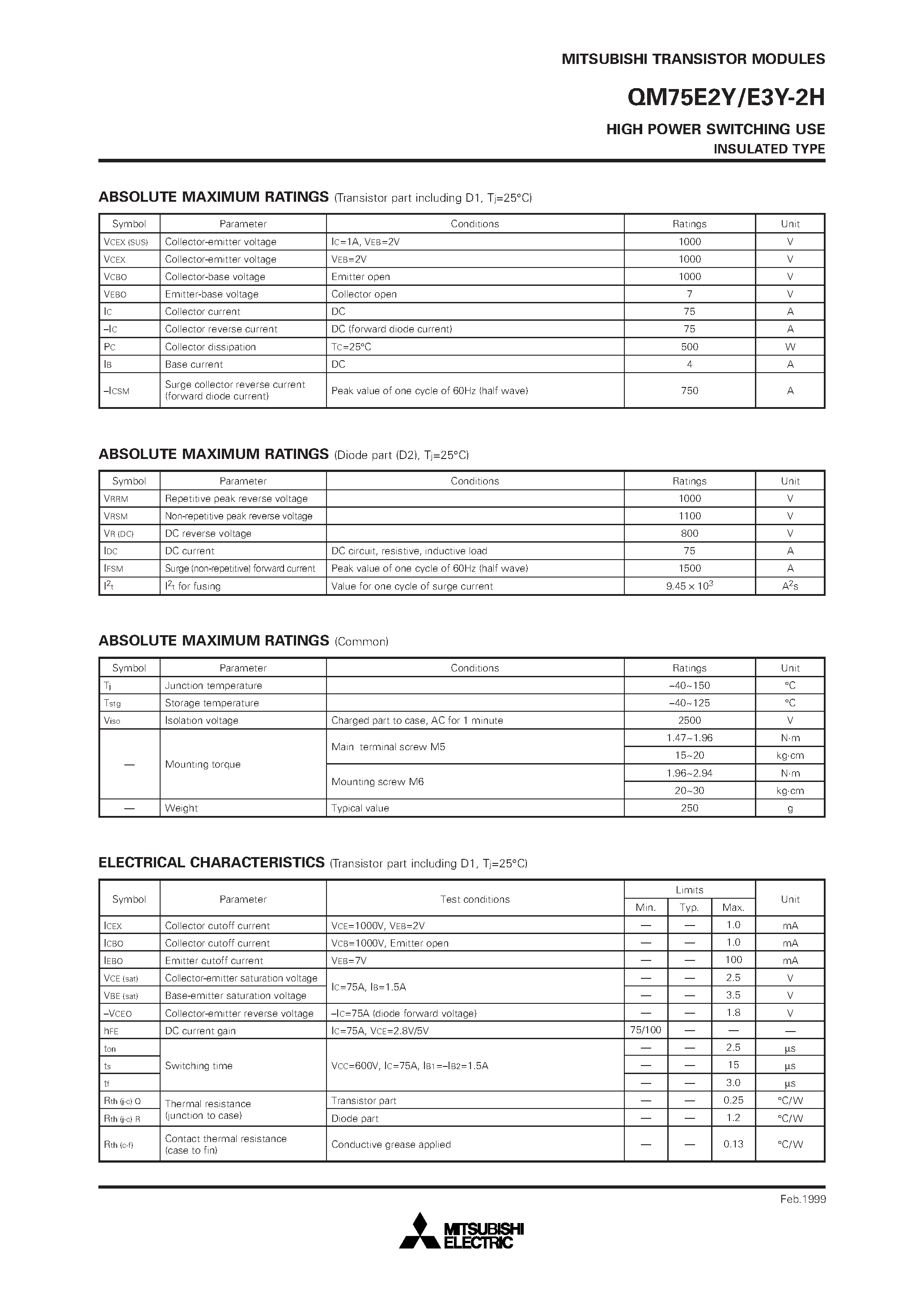 Datasheet QM75E2Y-2H page 2 Datasheet QM75E2Y-2H - HIGH POWER SWITCHING USE INSULATED TYPE page 2