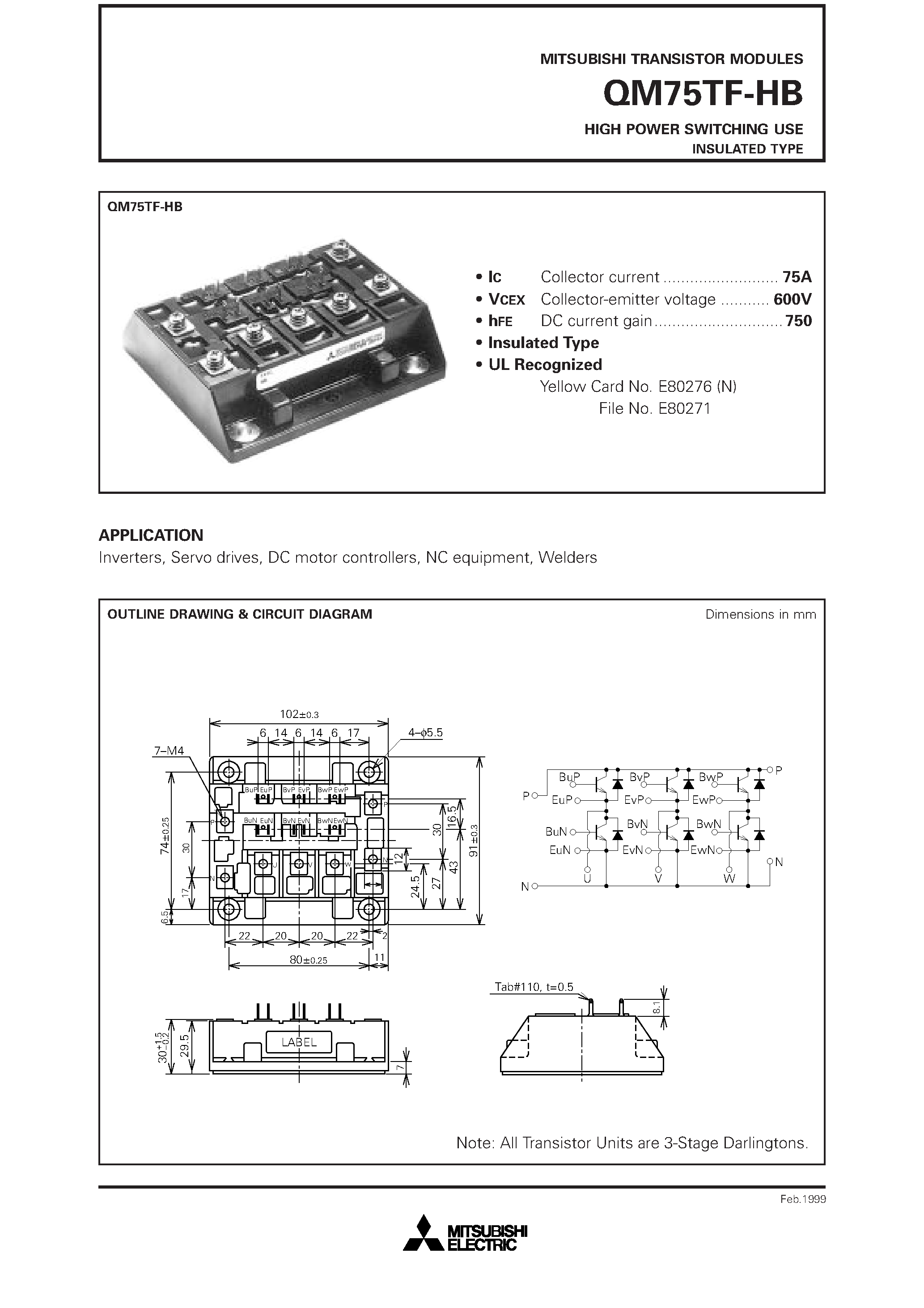 Datasheet QM75TF-HB page 1 Datasheet QM75TF-HB - HIGH POWER SWITCHING USE INSULATED TYPE page 1
