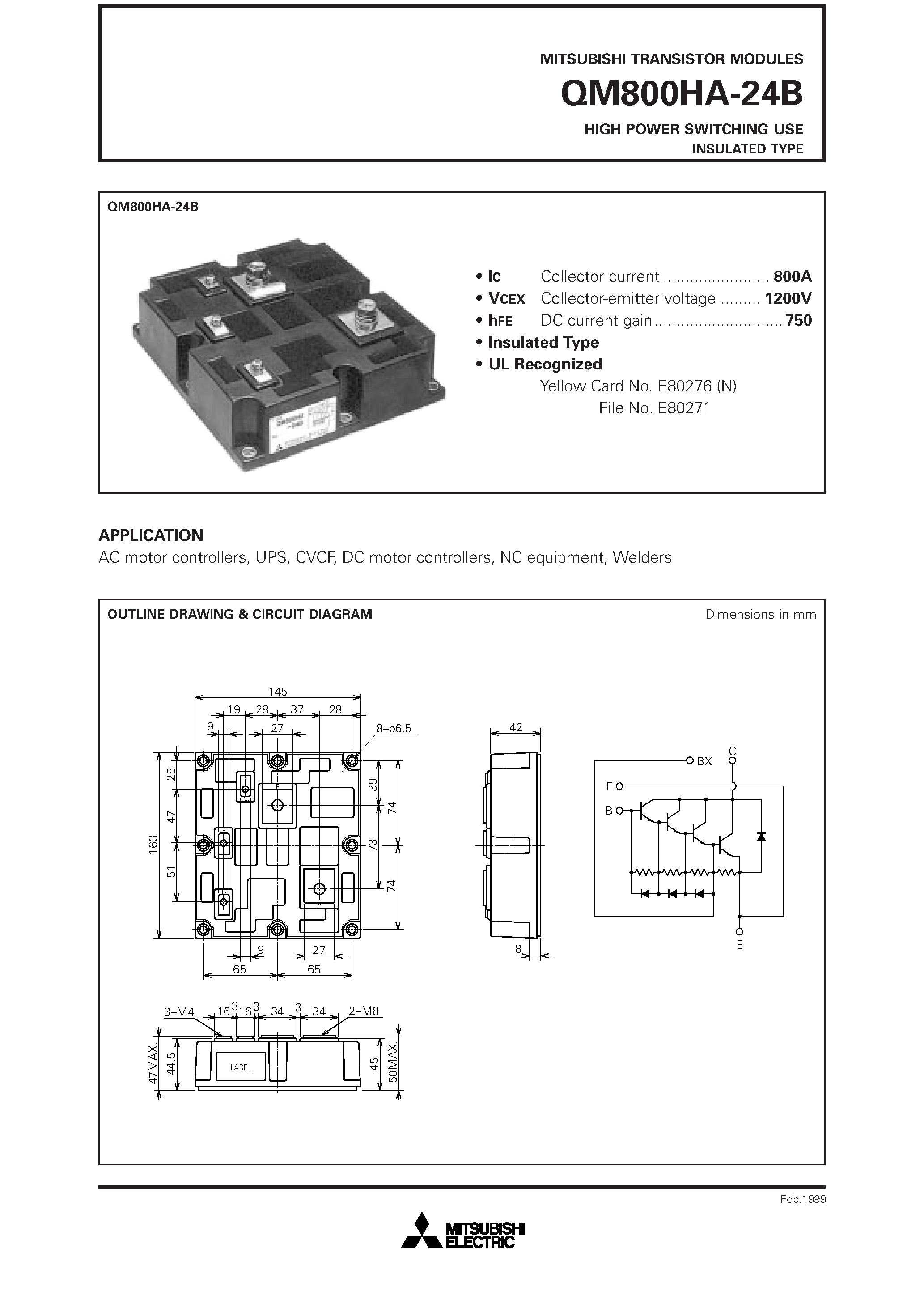 Datasheet QM800HA-24B page 1 Datasheet QM800HA-24B - HIGH POWER SWITCHING USE INSULATED TYPE page 1
